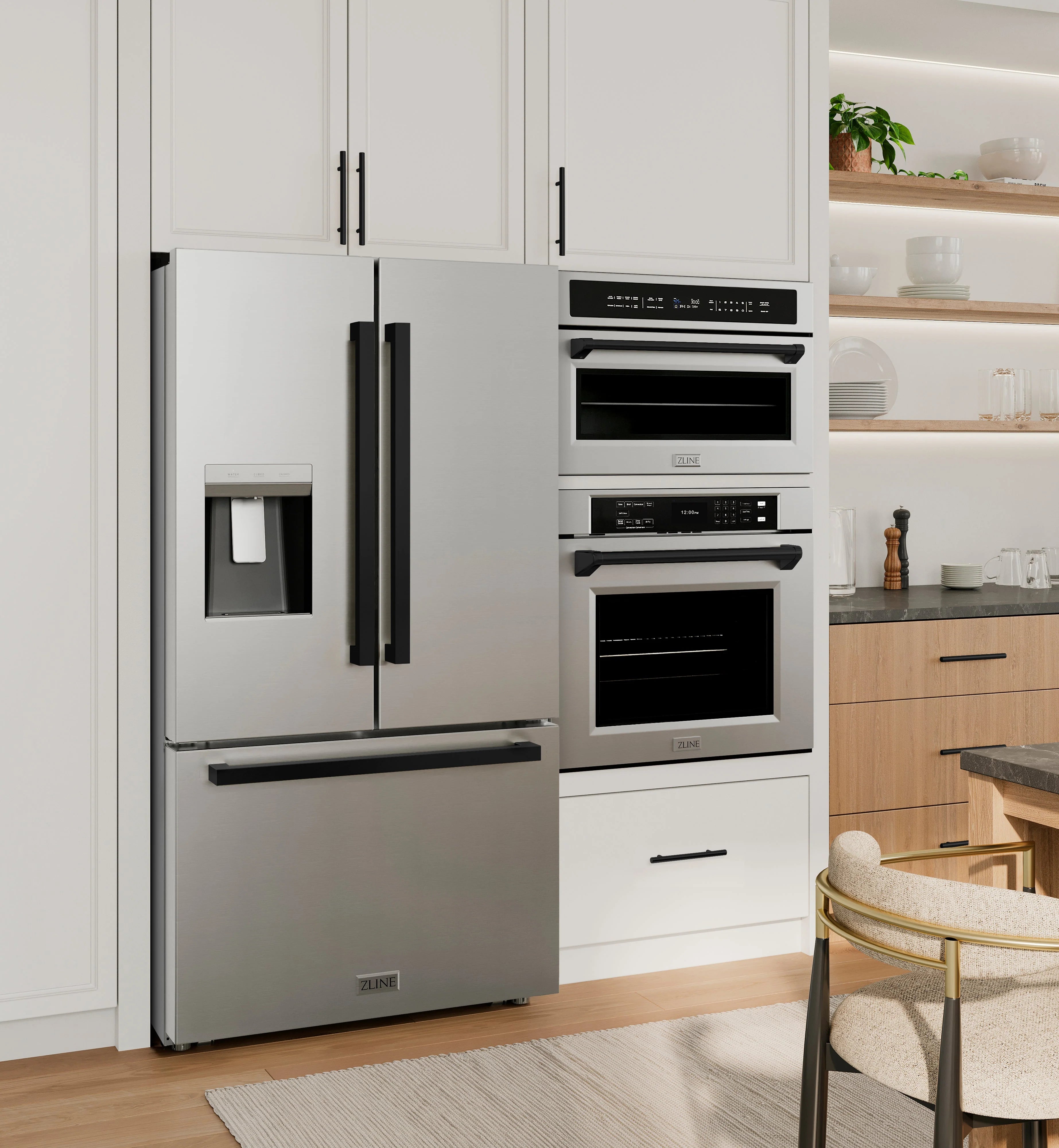 French door refrigerator in stainless steel with external water dispenser and black pull handles