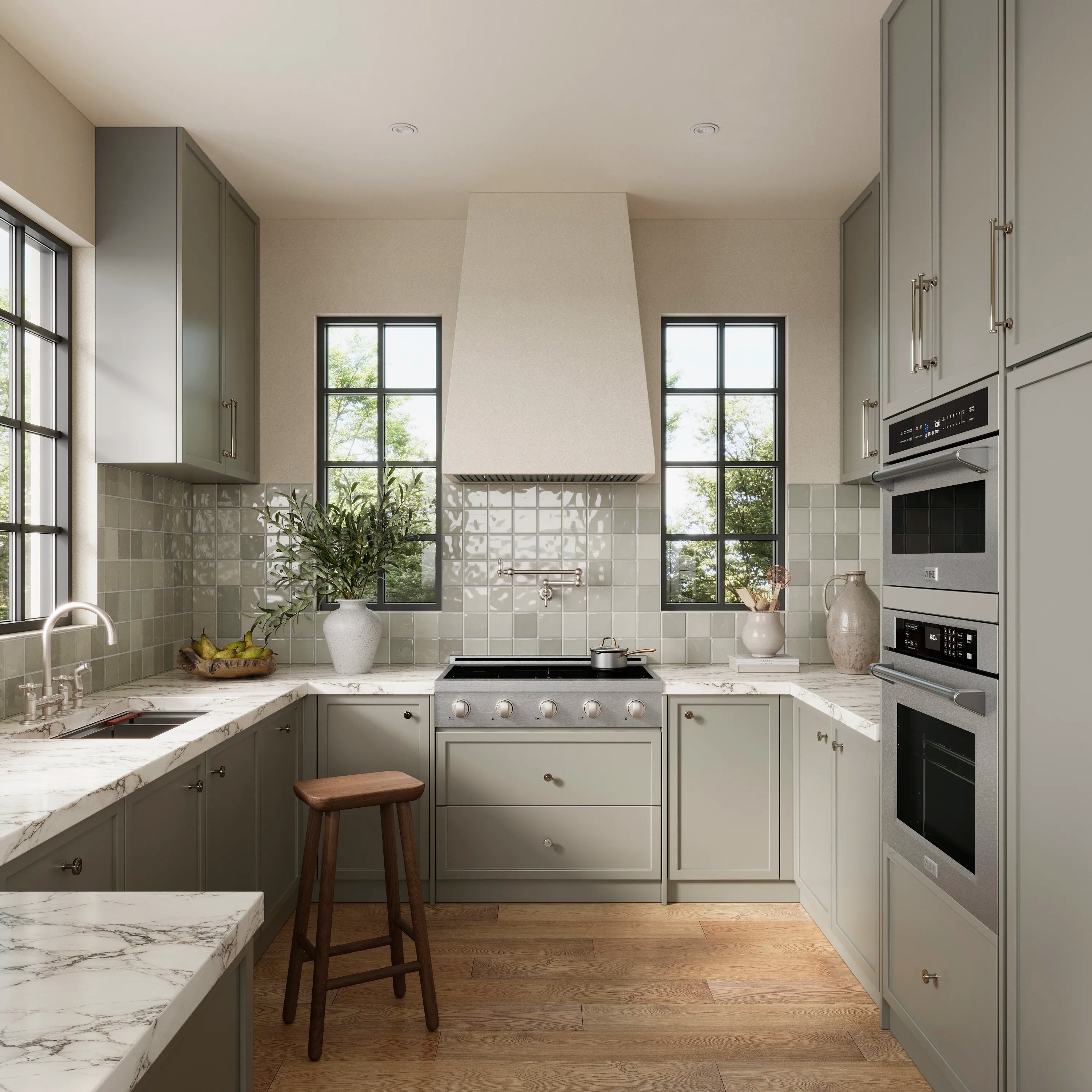 Stainless induction cooktop with control knobs on built-in kitchen countertop