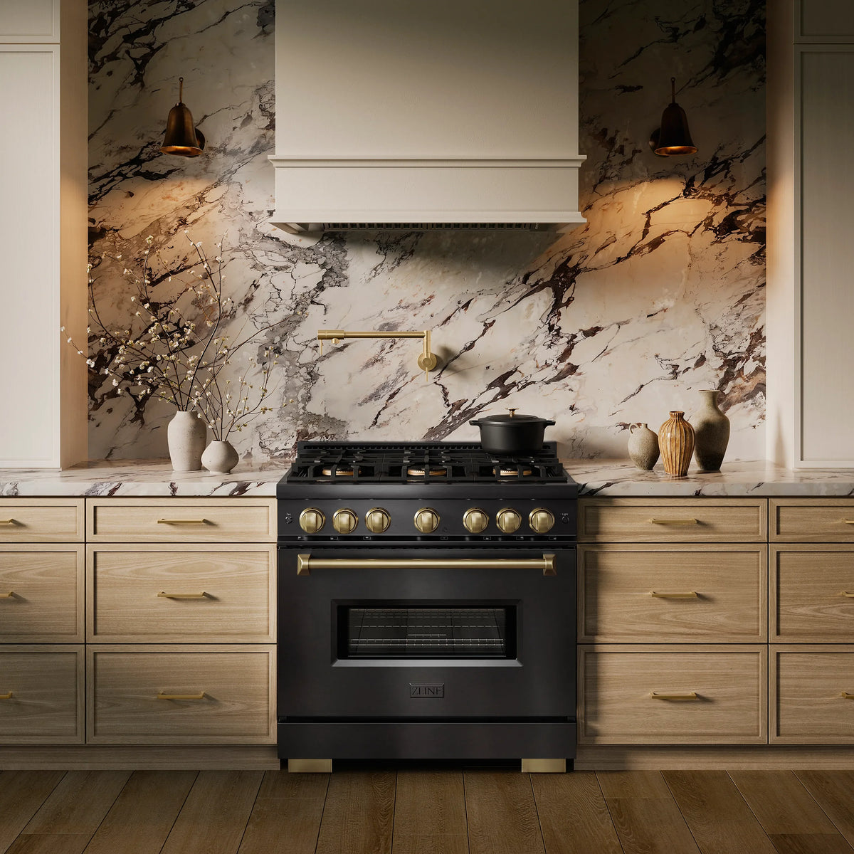 ZLINE 36-Inch Autograph Edition Classic Series Gas Range with 6 Gas Burner Cooktop and 5.2 Cu. Ft. Gas Convection Oven in Black Stainless Steel with Champagne Bronze Accents (CGRBZ-36-CB)