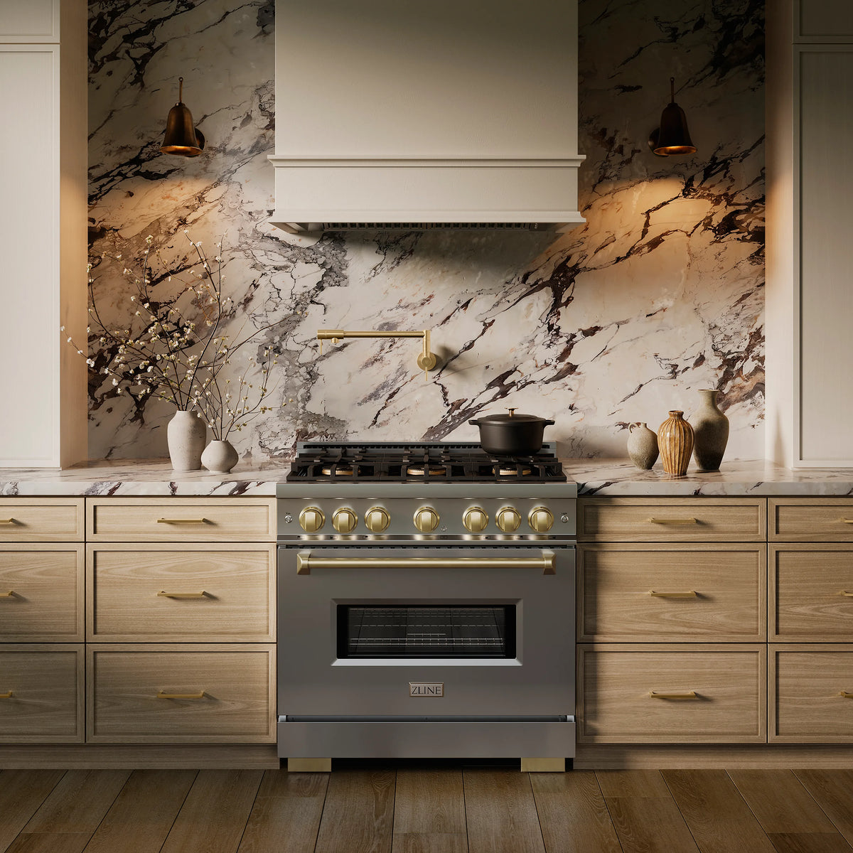ZLINE Autograph 36-Inch Classic Gas Range with 6 Burner DuoPro™ Cooktop and Gas Oven in Stainless Steel with Bronze Accents in a kitchen