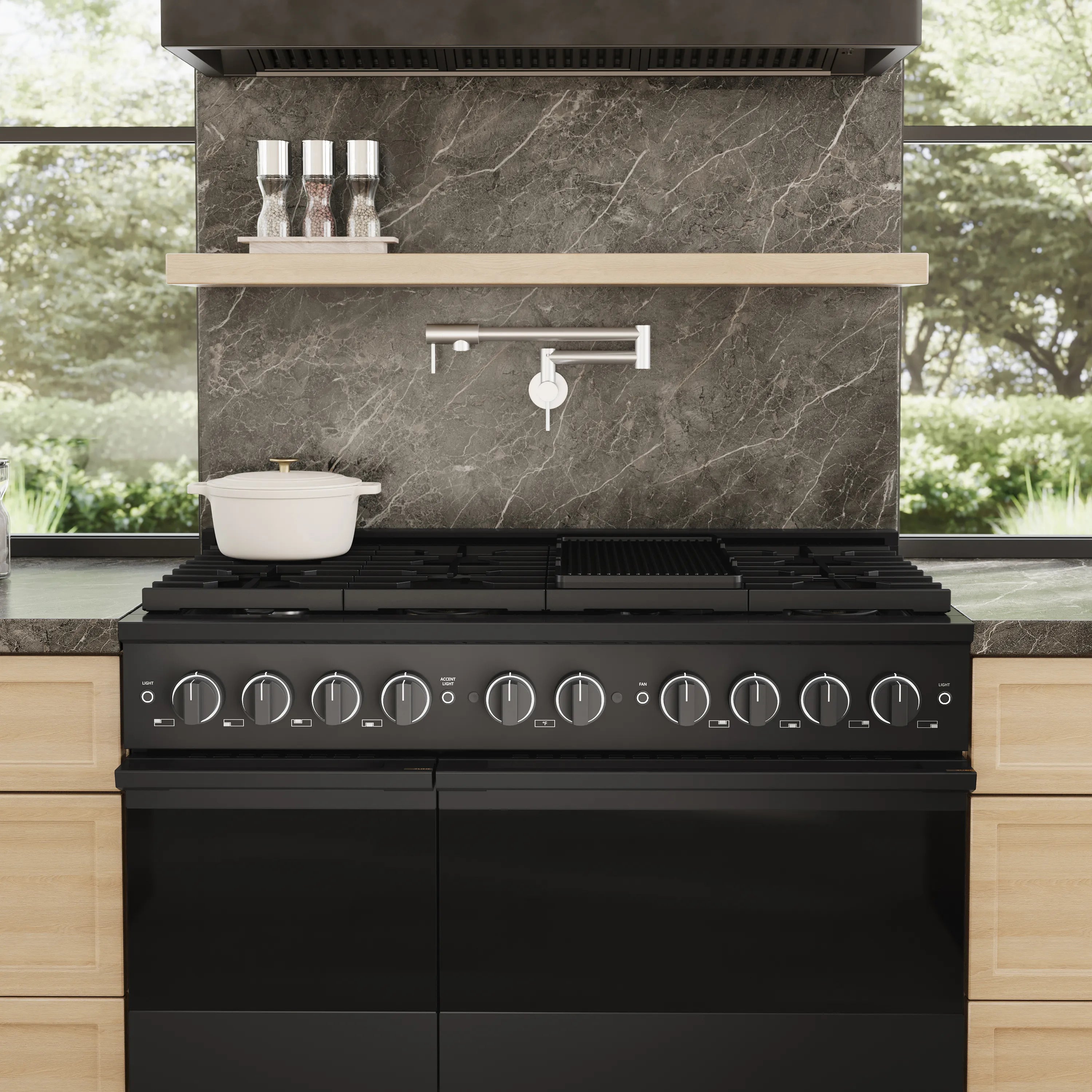 Black stainless gas range front with eight burner grates and control knobs