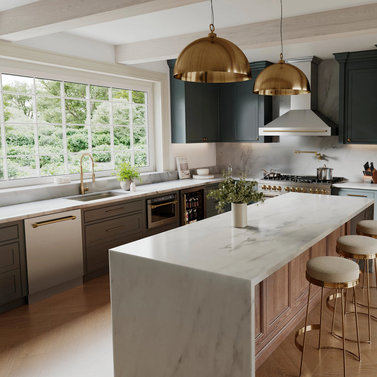 Kitchen with dark green cabinets, a marble waterfall island and a ZLINE Autograph Edition microwave drawer installed under the counter