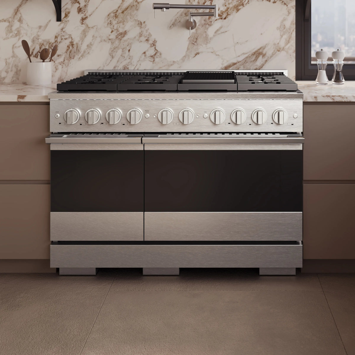 Satin stainless dual fuel range front view with knobs and burner grates