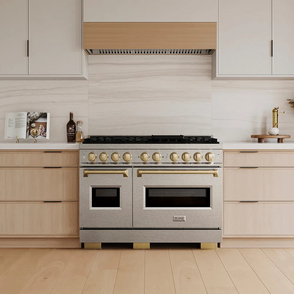 ZLINE Autograph Edition 48-Inch  Classic Series Dual Fuel Range with 8 Gas Burner Cooktop and 6.7 Cu. Ft. Electric Convection Oven in Satin Stainless Steel with Champagne Bronze in a kitchen
