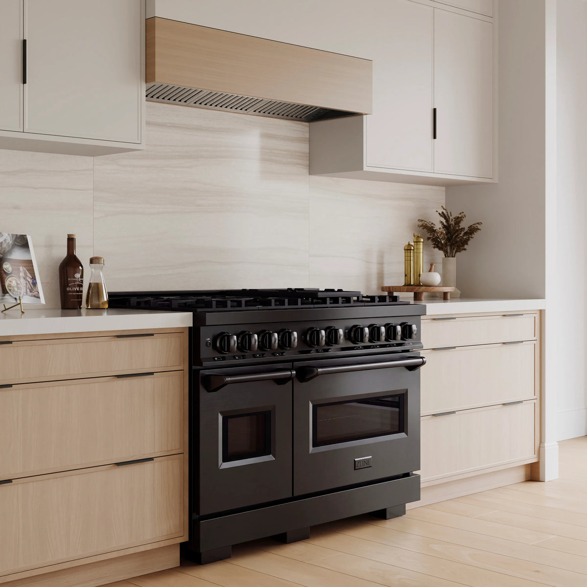 ZLINE 48-Inch Classic Series Dual Fuel Range with 8 Gas Burner Cooktop and 6.7 Cu. Ft. Electric Convection Oven in Black Stainless Steel in a kitchen