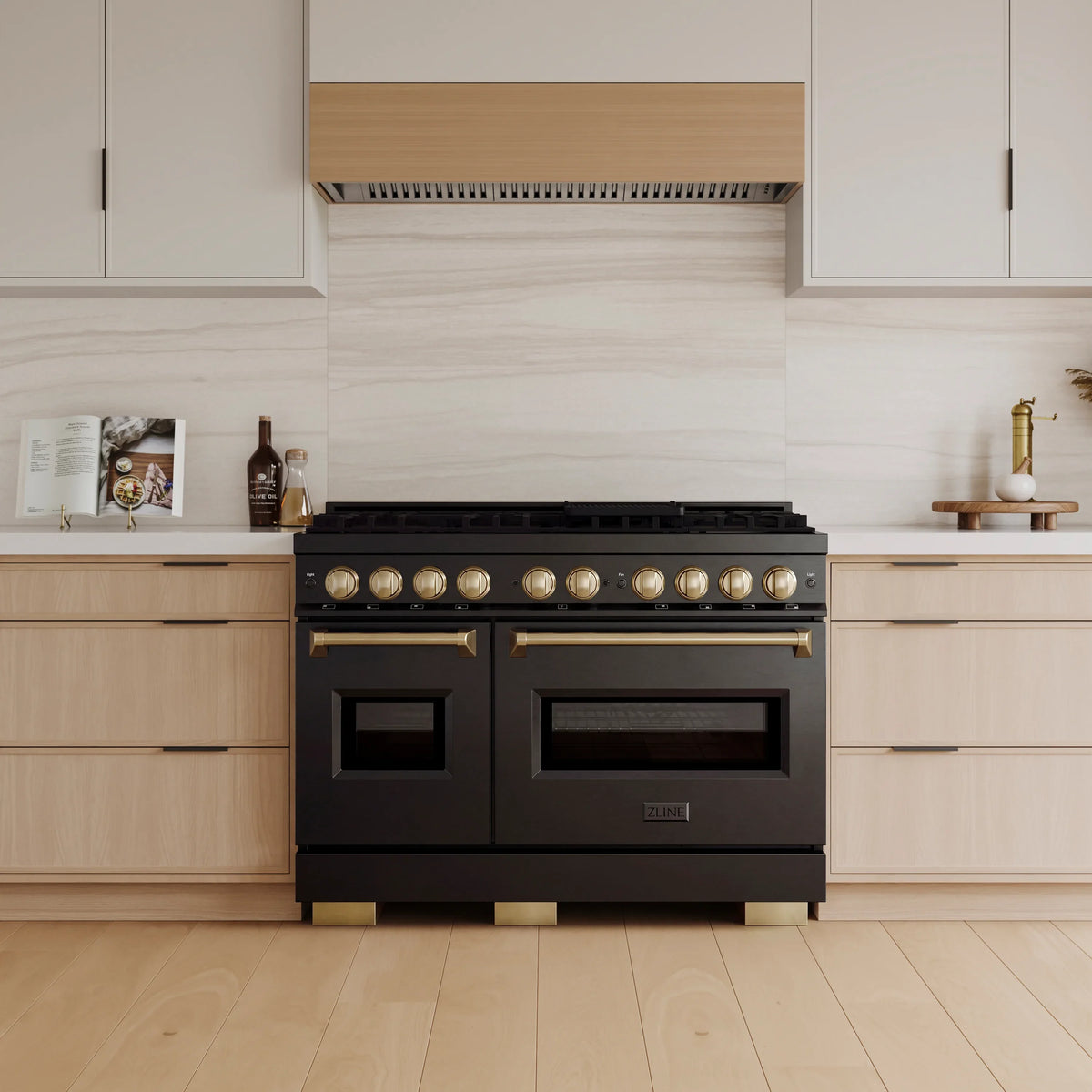 ZLINE Autograph Edition 48-Inch Gas Range with 8 Gas Burner Cooktop, and 6.7 Cu. Ft. Convection Oven in Black Stainless Steel with Champagne Bronze Accent (CGRBZ-48-CB)