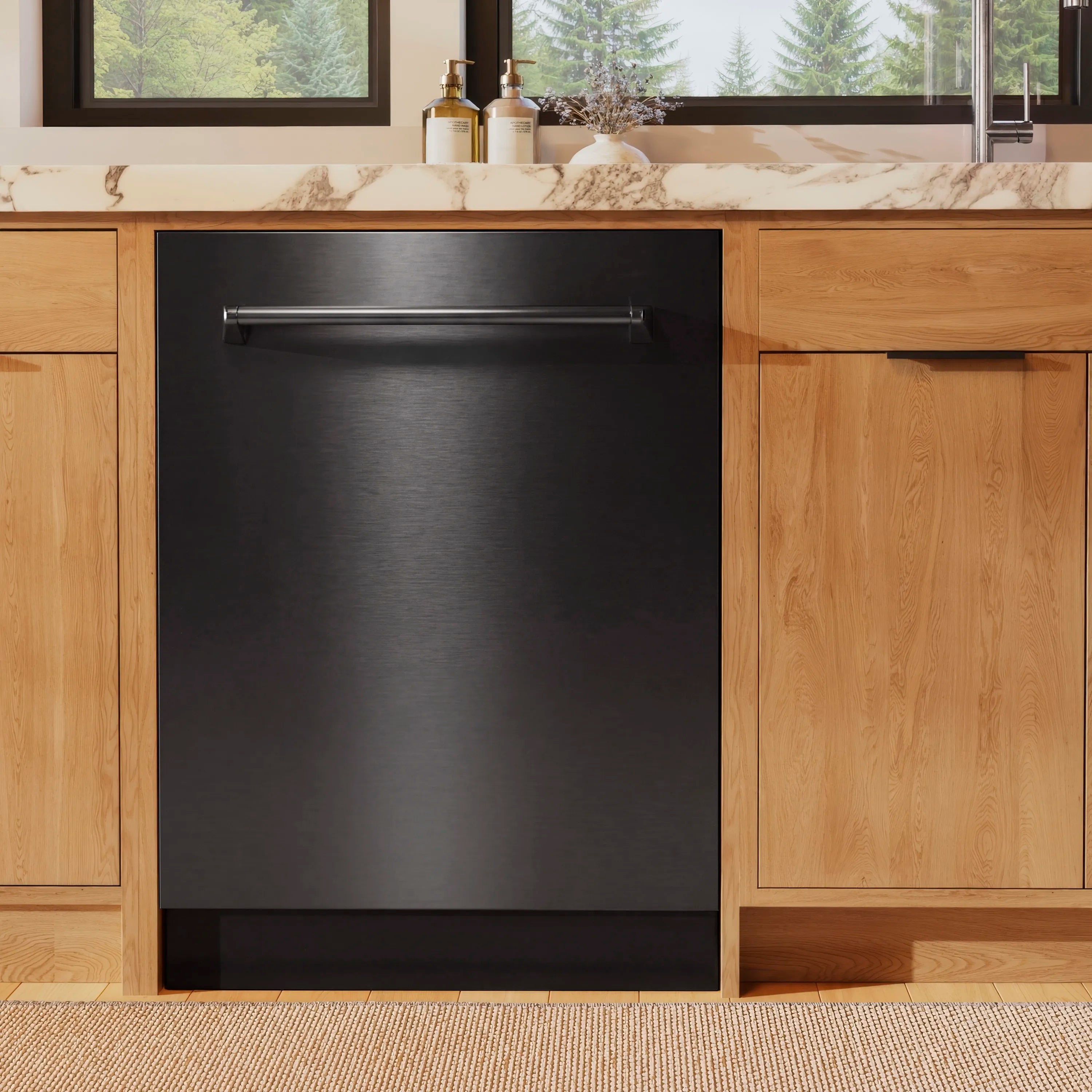 Built-in dishwasher with black stainless steel door and top handle, under-counter install