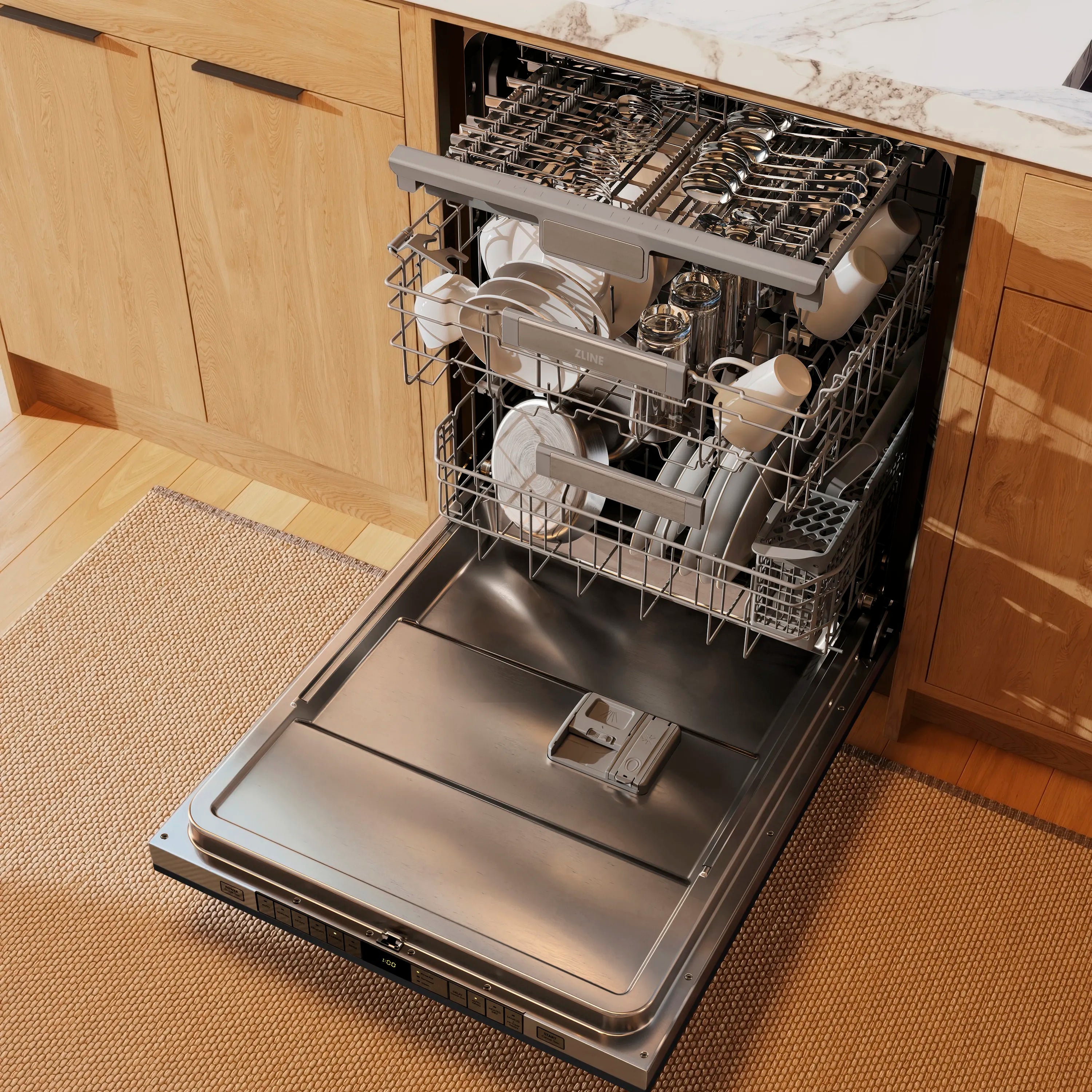 Open dishwasher showing wire racks with dishes, stainless interior tub and door down