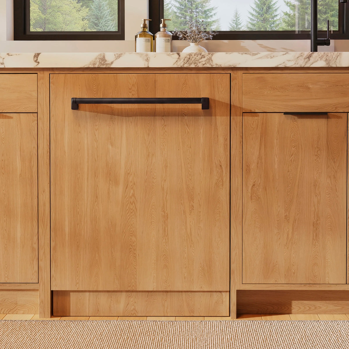 Panel-ready tall dishwasher with wood front panel and dark handle