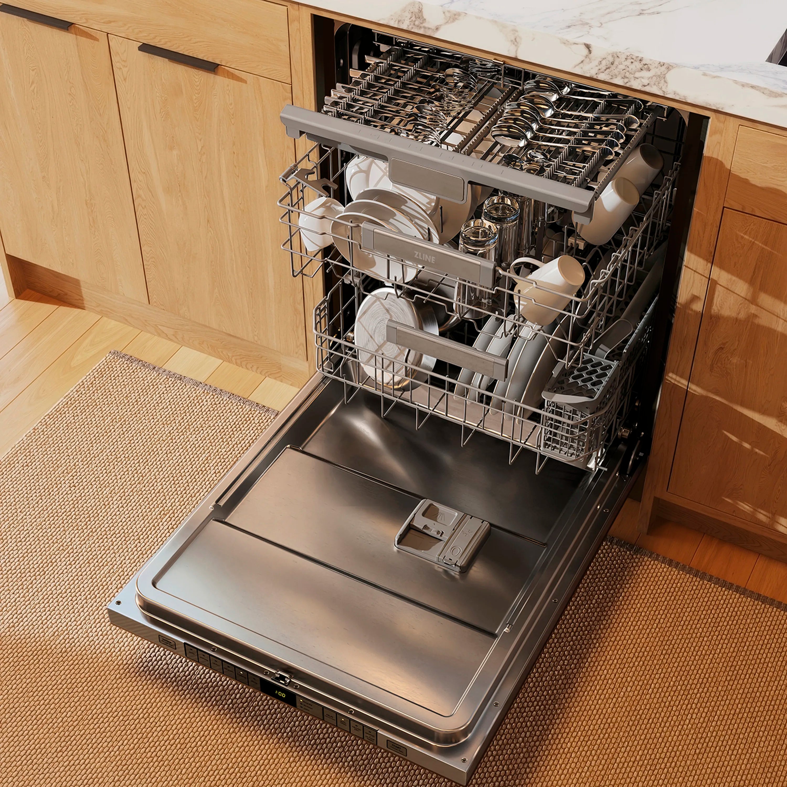 Dishwasher door open with loaded silver racks and third rack visible