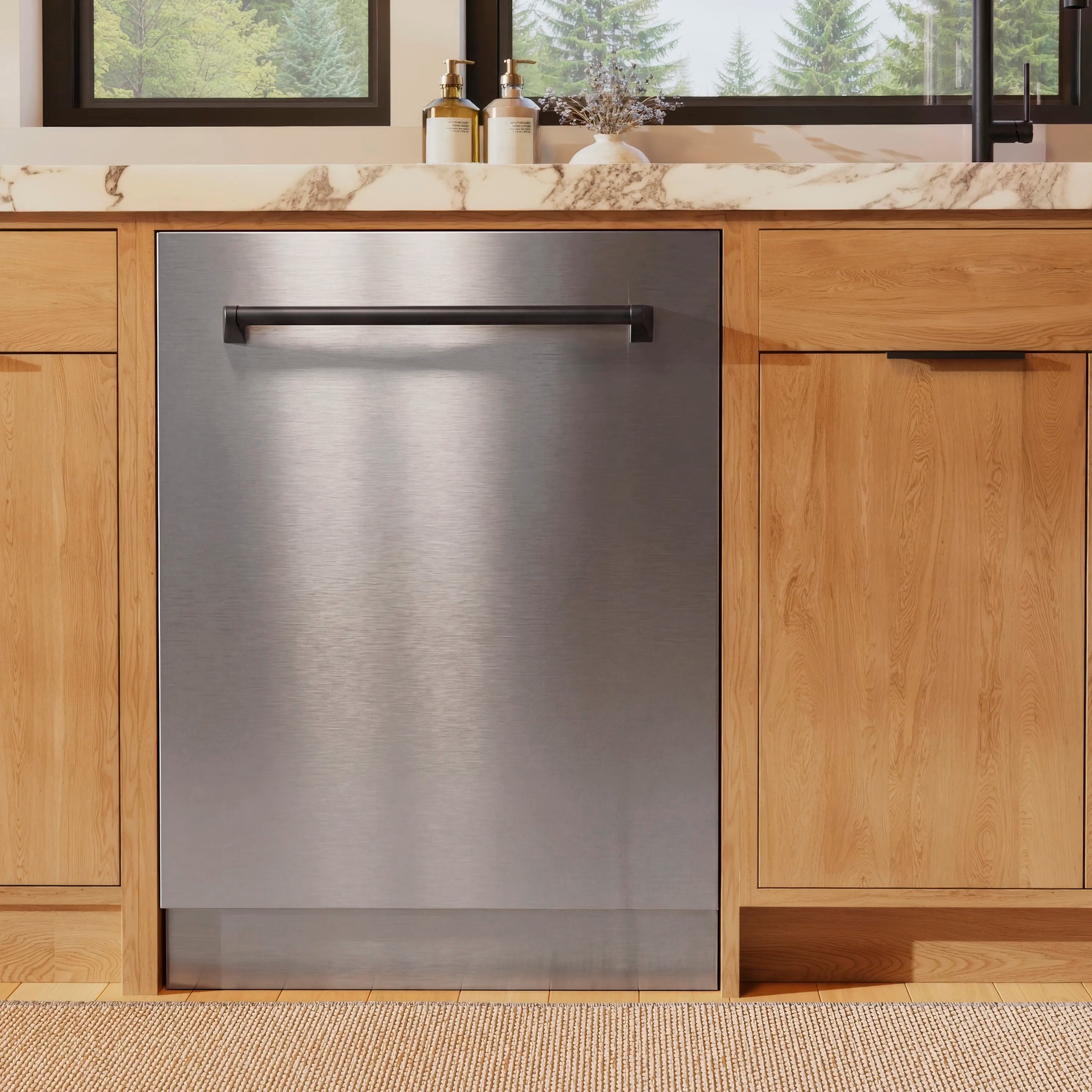 Tall tub dishwasher with stainless front panel and matte black handle
