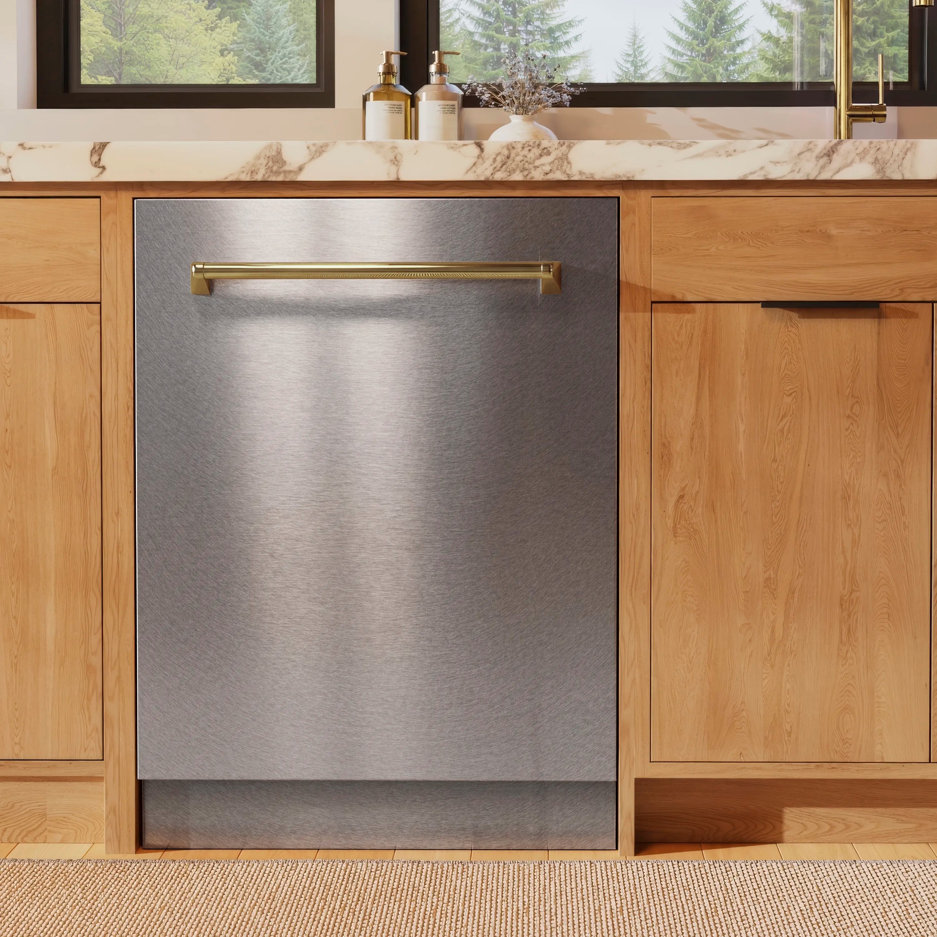 24-inch dishwasher with satin stainless steel door and gold handle