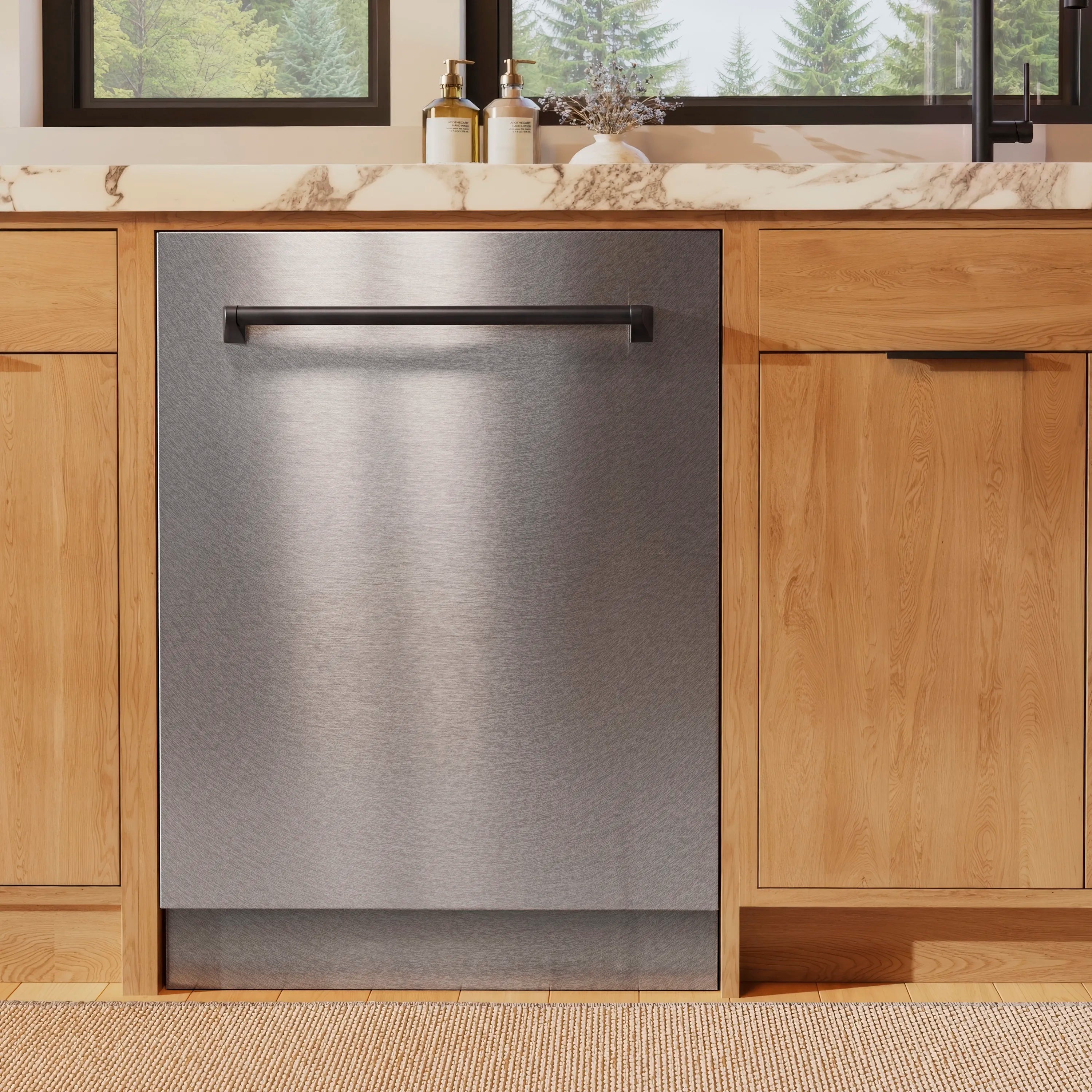 Satin stainless steel tall tub dishwasher door with matte black handle