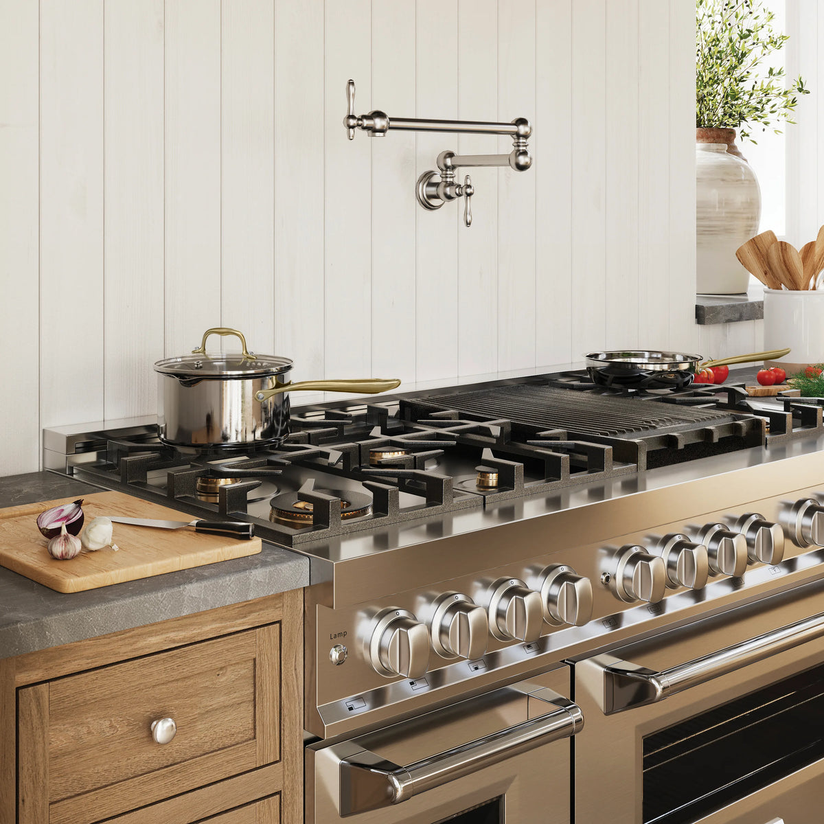 ZLINE 48-inch Legacy Series Dual Fuel Range with 7 Gas Brass Burners and 6.0 Cu. Ft. Electric Double Oven in Stainless Steel in a kitchen
