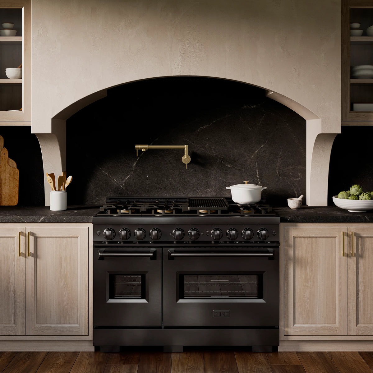 ZLINE 48-Inch Classic Series Dual Fuel Range with 8 Gas Burner Cooktop and 6.7 Cu. Ft. Electric Convection Oven in Black Stainless Steel in a kitchen