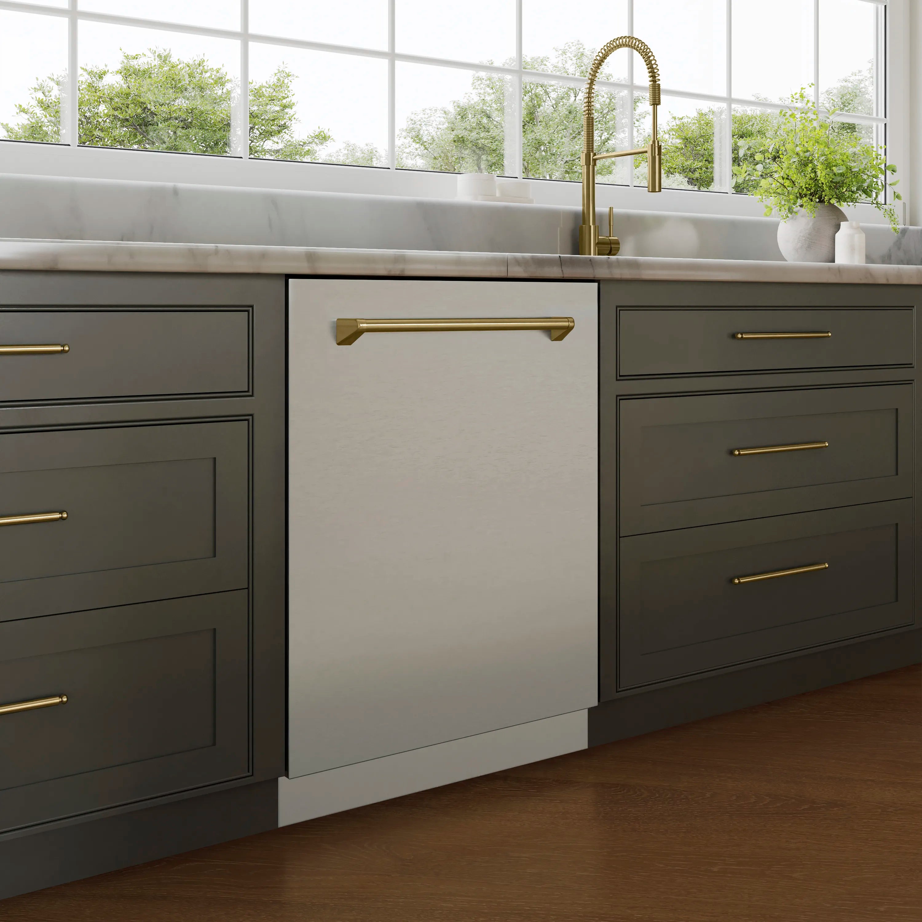 Stainless steel built-in dishwasher with champagne bronze bar handle, closed door