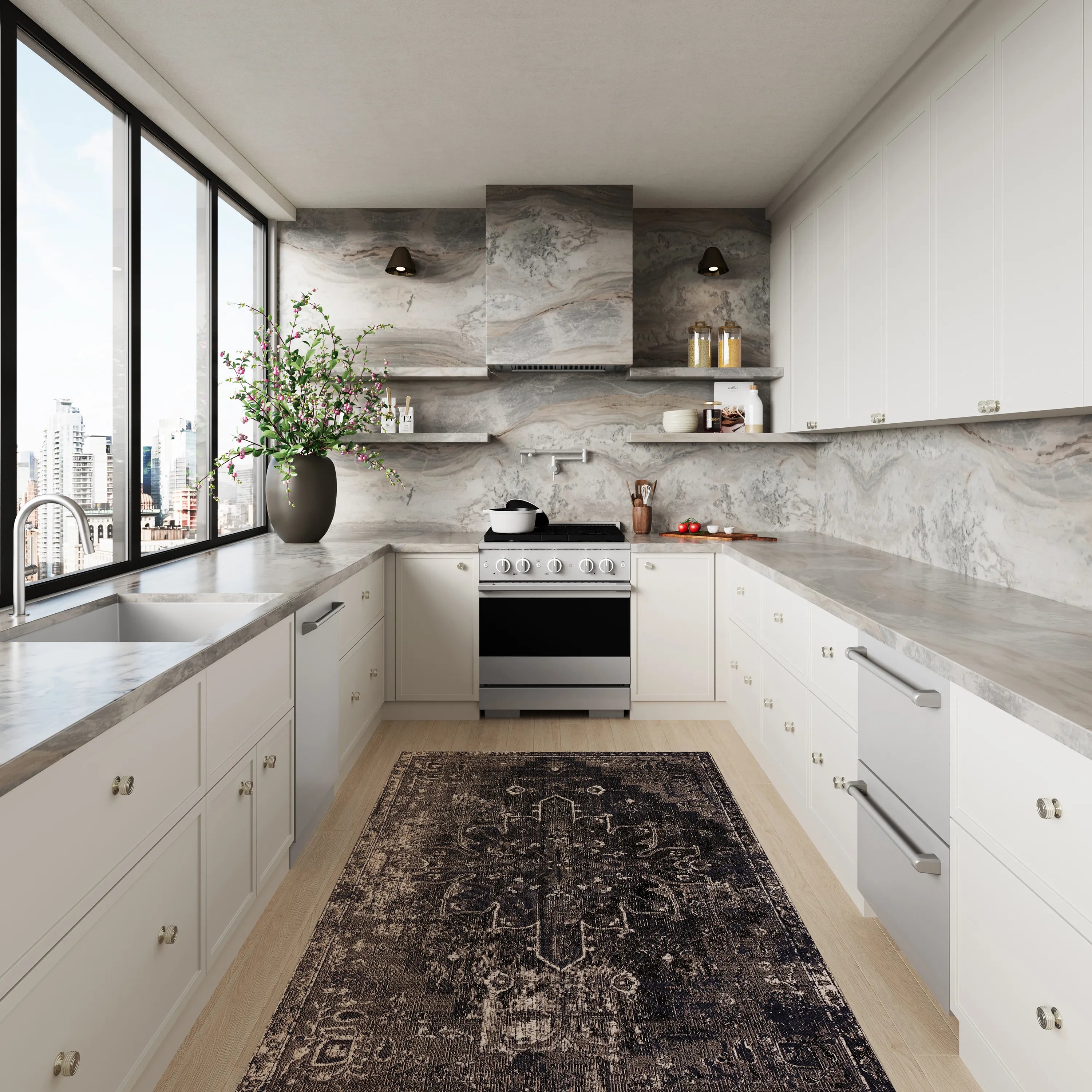 Stainless gas range installed in a bright kitchen with cabinetry and countertop space