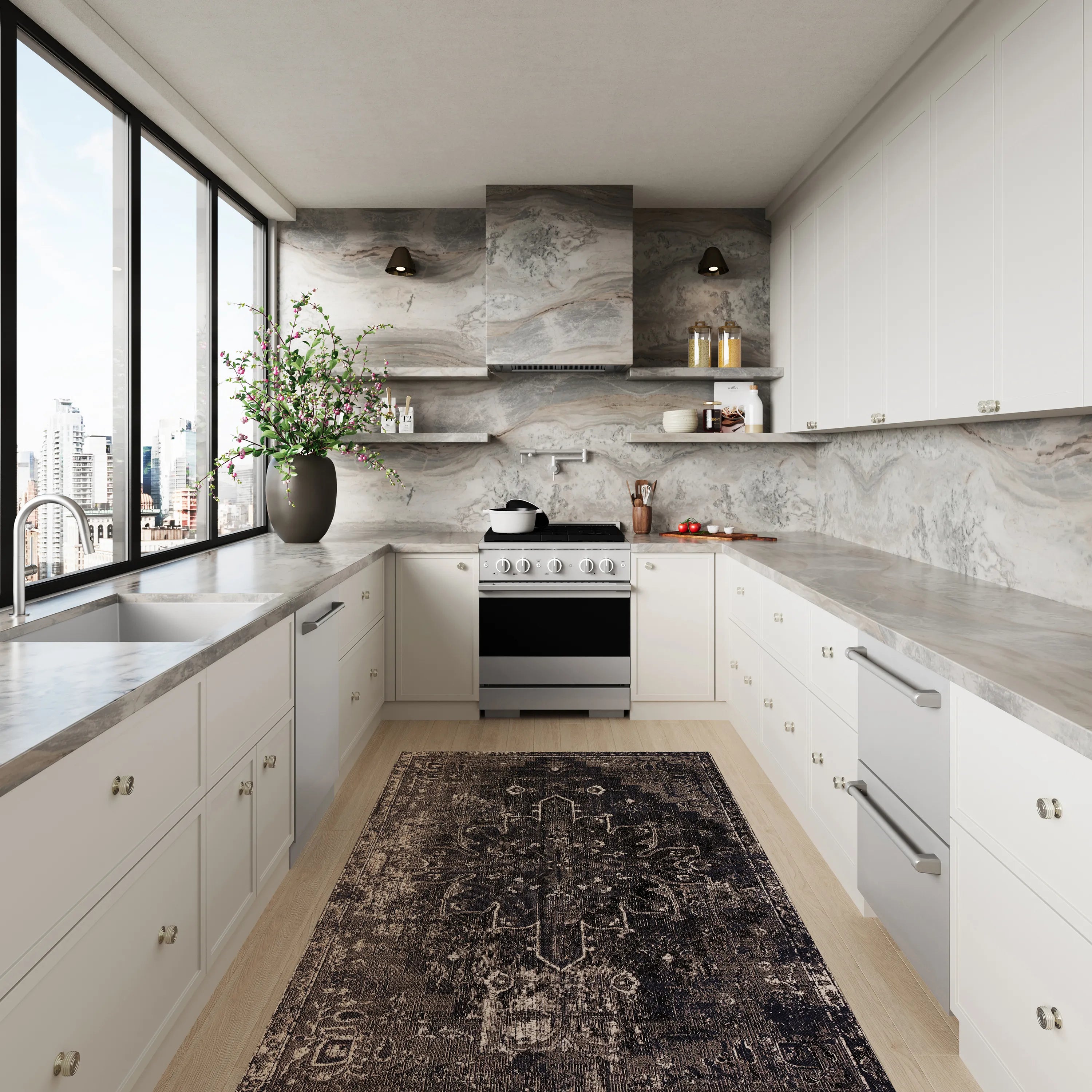 Freestanding stainless steel gas range with oven door, burner knobs, and cooktop surface in a kitchen.