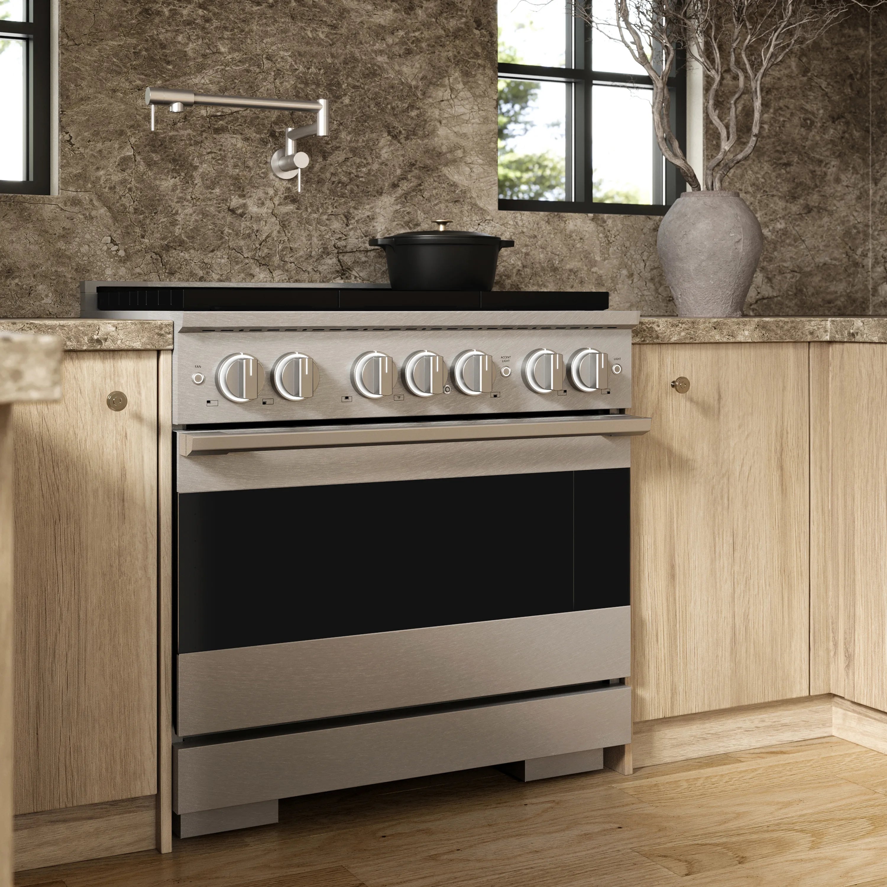 ZLINE 36-Inch 5.2 Cu. Ft. Marino Dual Fuel Range with 6 Burner Gas Cooktop and Electric Convection Oven in Satin Stainless Steel (MDRS-36)