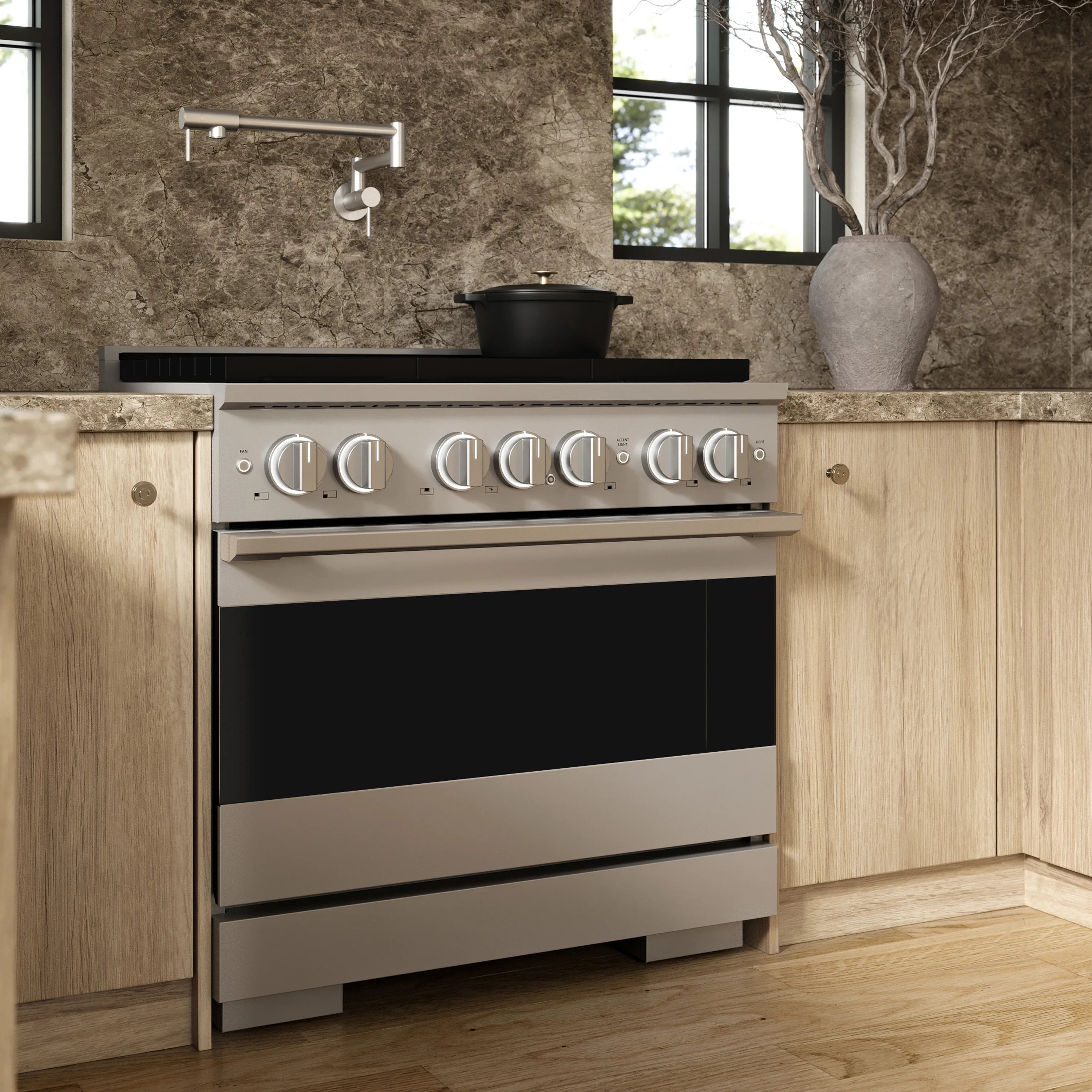 Built-in stainless steel 6-burner gas range with convection oven door and front controls