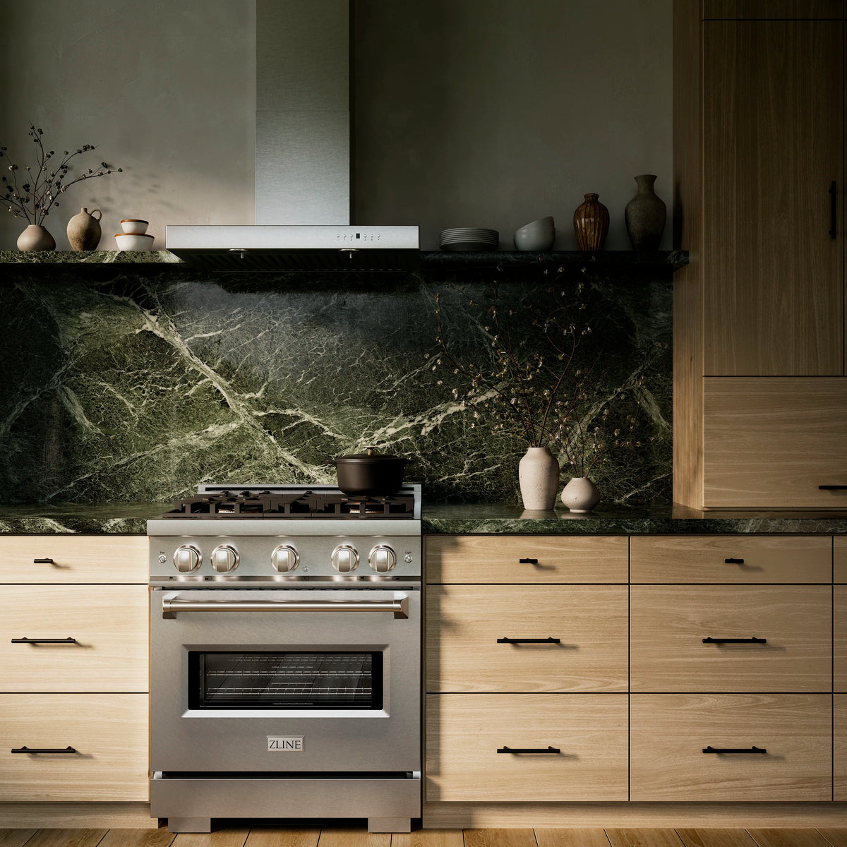 Satin stainless dual fuel range with black cooktop and oven window