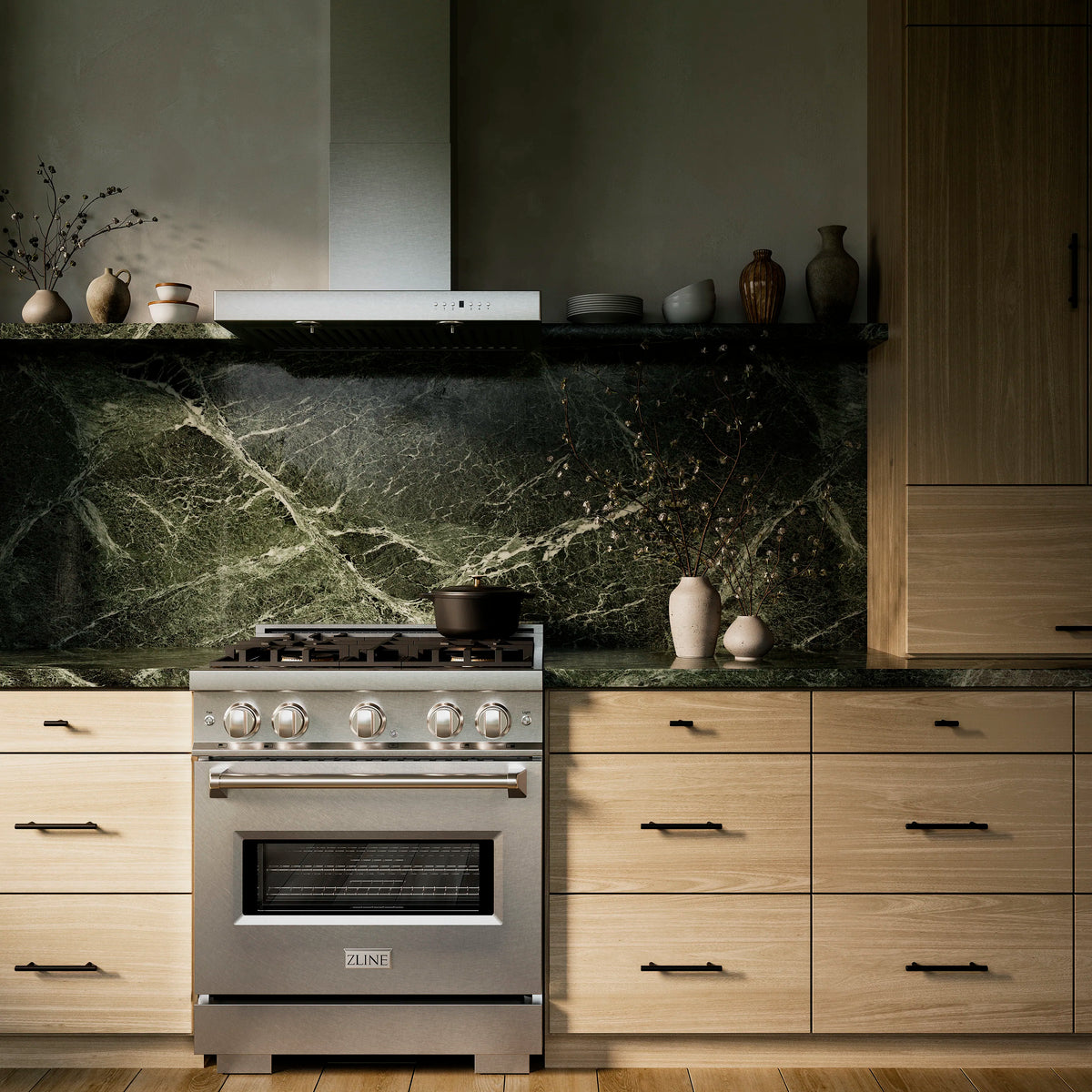 Satin stainless 30-inch gas range with four-burner cooktop and convection oven
