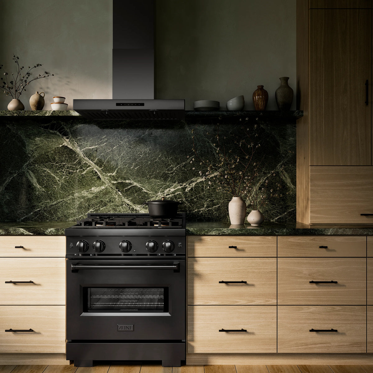 ZLINE 30-Inch 4.2 Cu. Ft. Classic Gas Range with 4 Burner DuoPro™ Cooktop and Convection Gas Oven in Black Stainless Steel in a kitchen