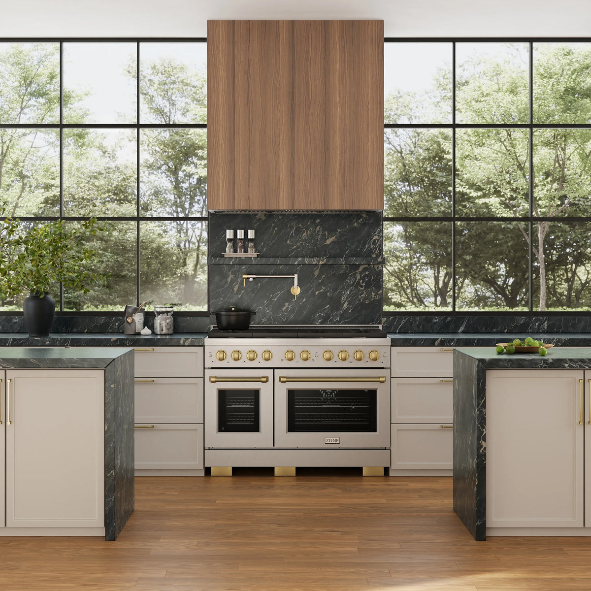 ZLINE Autograph 48-Inch Paramount Gas Range in Stainless Steel with Champagne Bronze Helix Handles in a kitchen