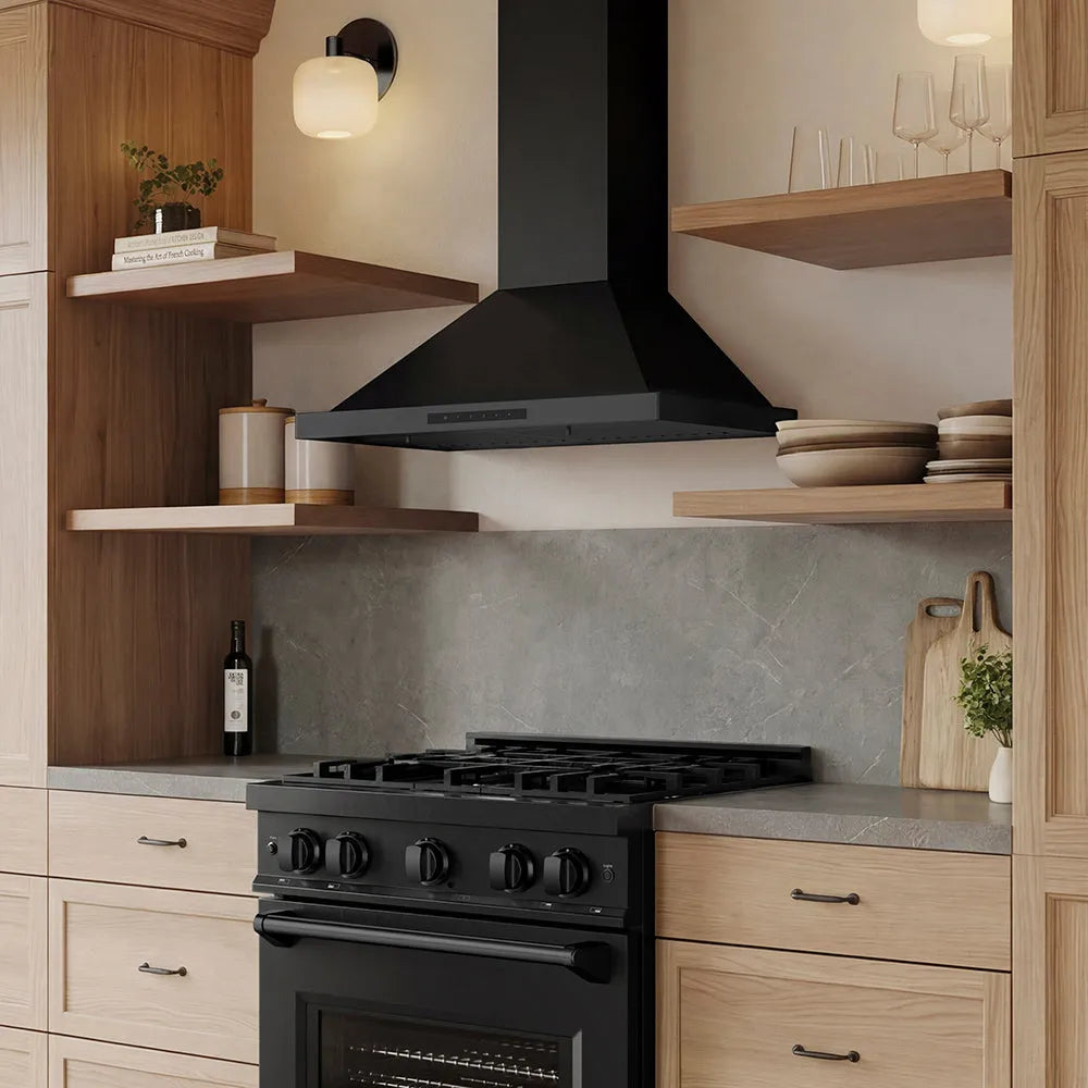 ZLINE 30-inch black stainless steel wall mount range hood, installed in a kitchen