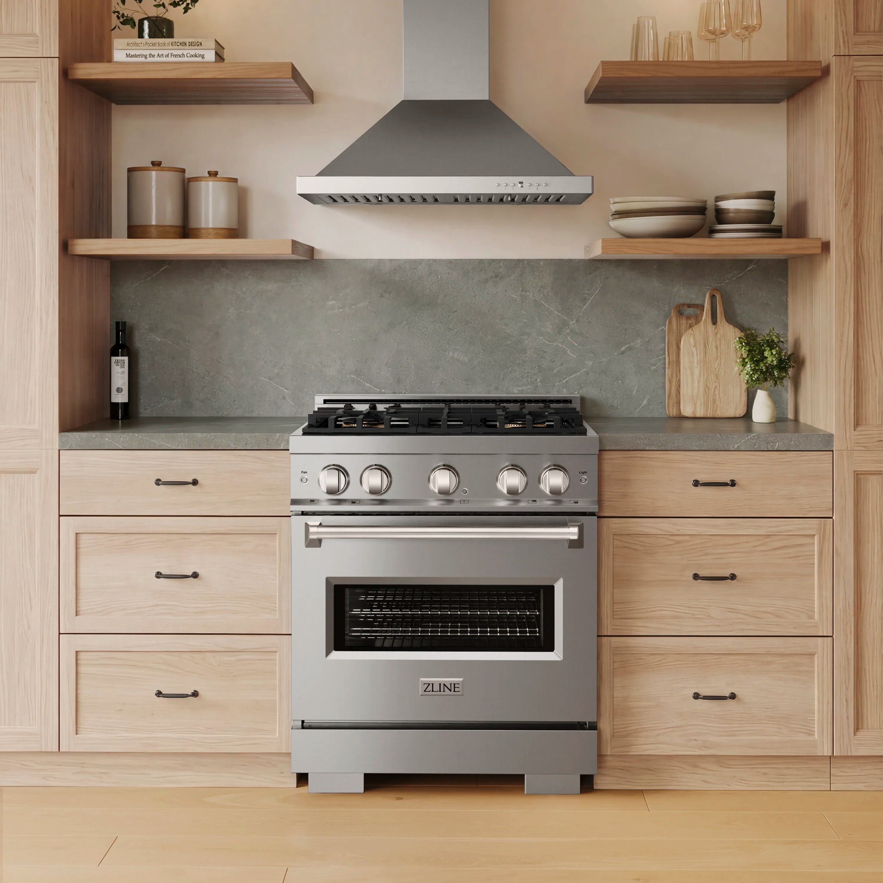 Stainless steel dual fuel range with four-burner cooktop and glass convection oven door
