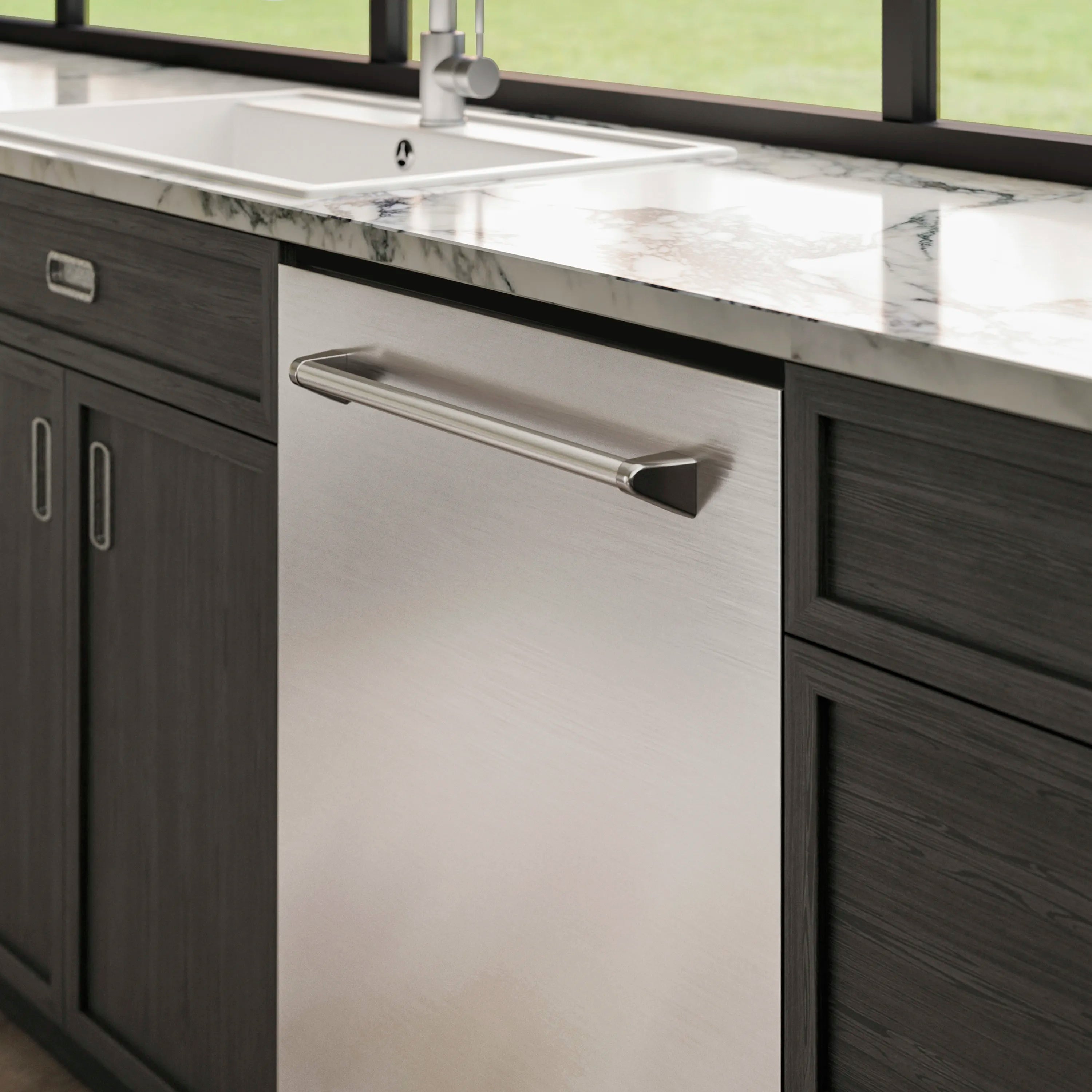 Stainless steel dishwasher door handle on built-in front panel