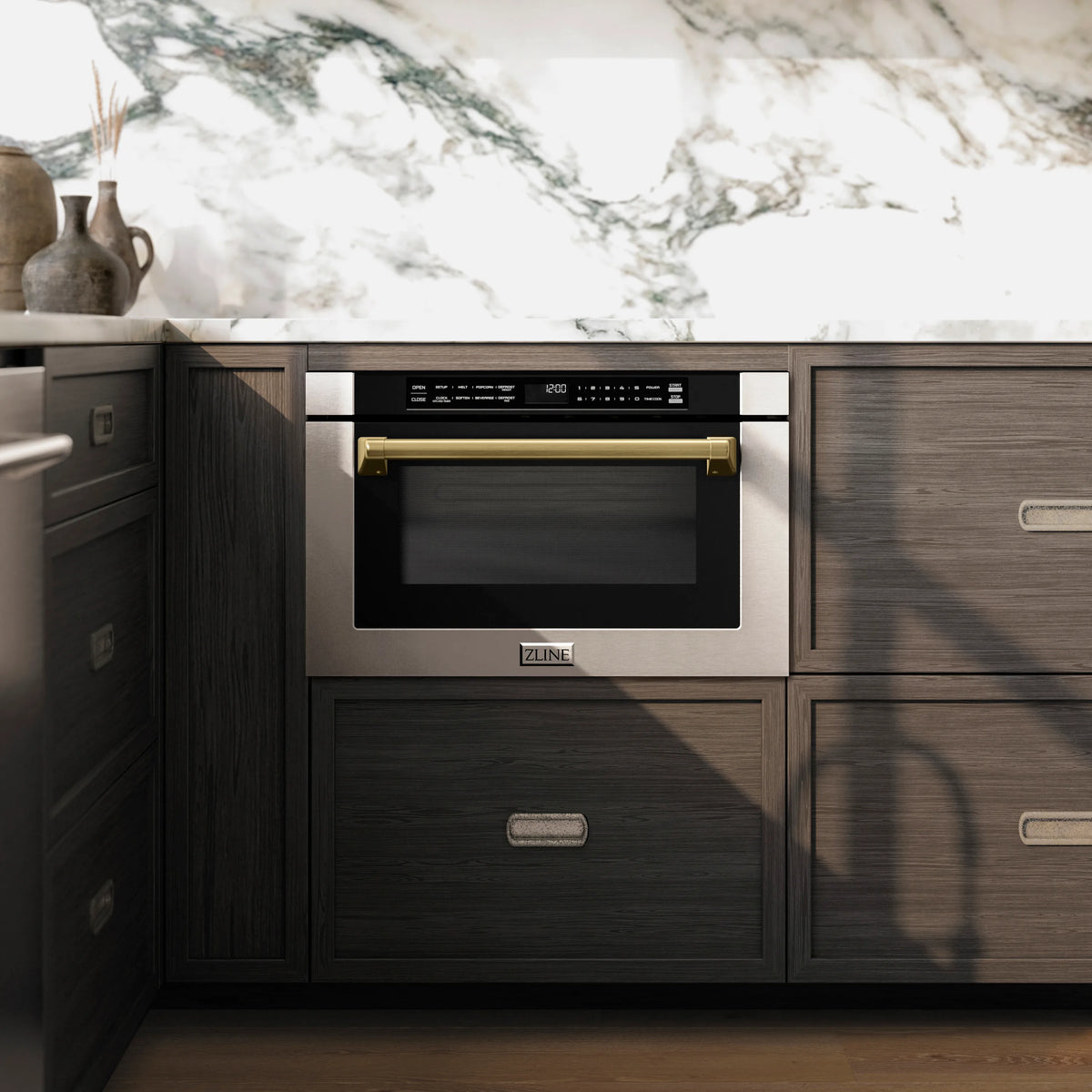 ZLINE Autograph Edition 24-Inch 1.2 cu. ft. Built-in Microwave Drawer with a Traditional Handle in Stainless Steel and Champagne Bronze Accents (MWDZ-1-H-CB)