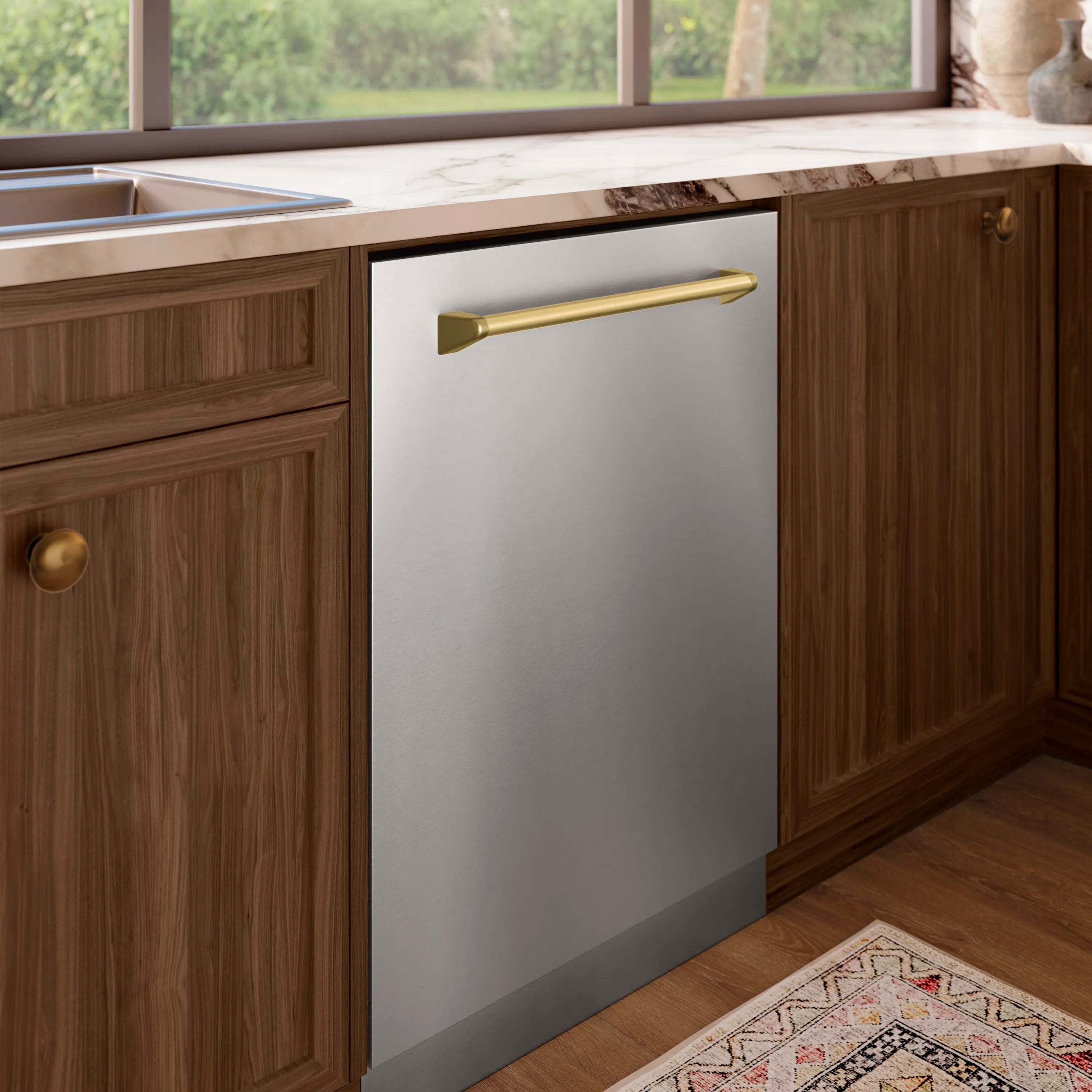 Stainless steel built-in dishwasher with champagne bronze bar handle, cabinet-side view