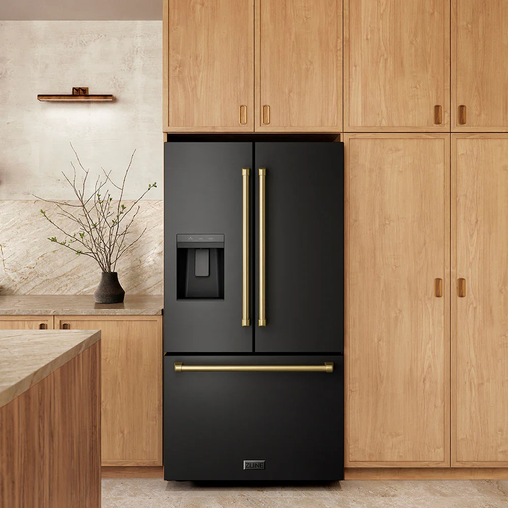 Black stainless steel refrigerator with gold handles and external water dispenser