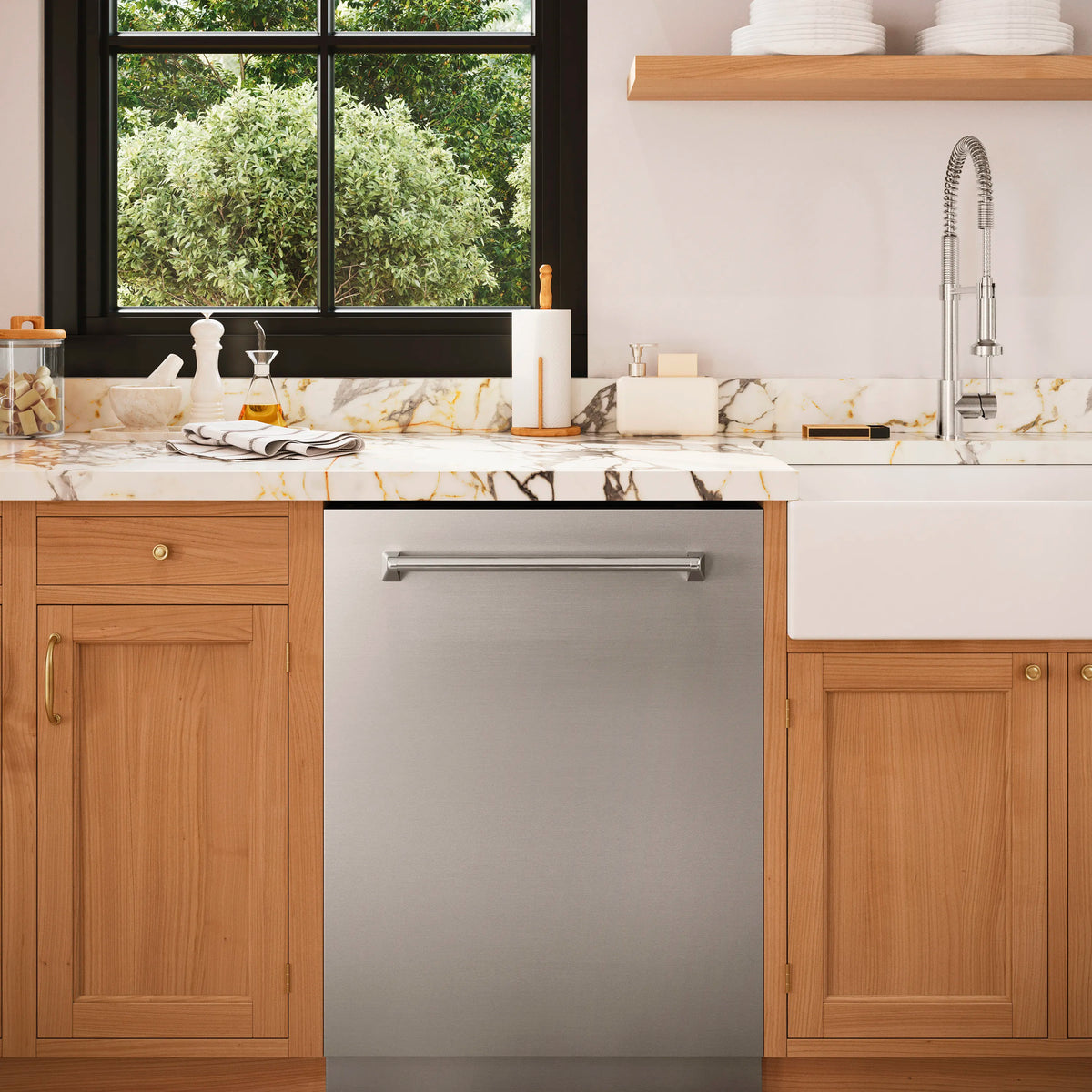 ZLINE 5-Piece Appliance Package - 30" Gas Range, 36" Refrigerator with Water Dispenser, Convertible Wall Mount Hood, Microwave Drawer, and 3-Rack Dishwasher in Stainless Steel (5KPRW-SGRRH30-MWDWV)