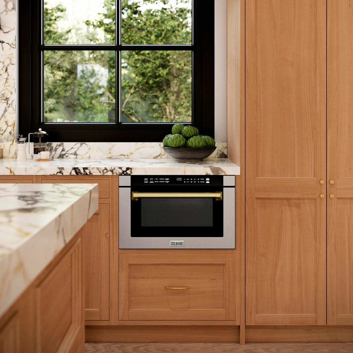 ZLINE Autograph Edition 24-Inch 1.2 cu. ft. Built-in Microwave Drawer with a Traditional Handle in Stainless Steel and Champagne Bronze Accents (MWDZ-1-H-CB)