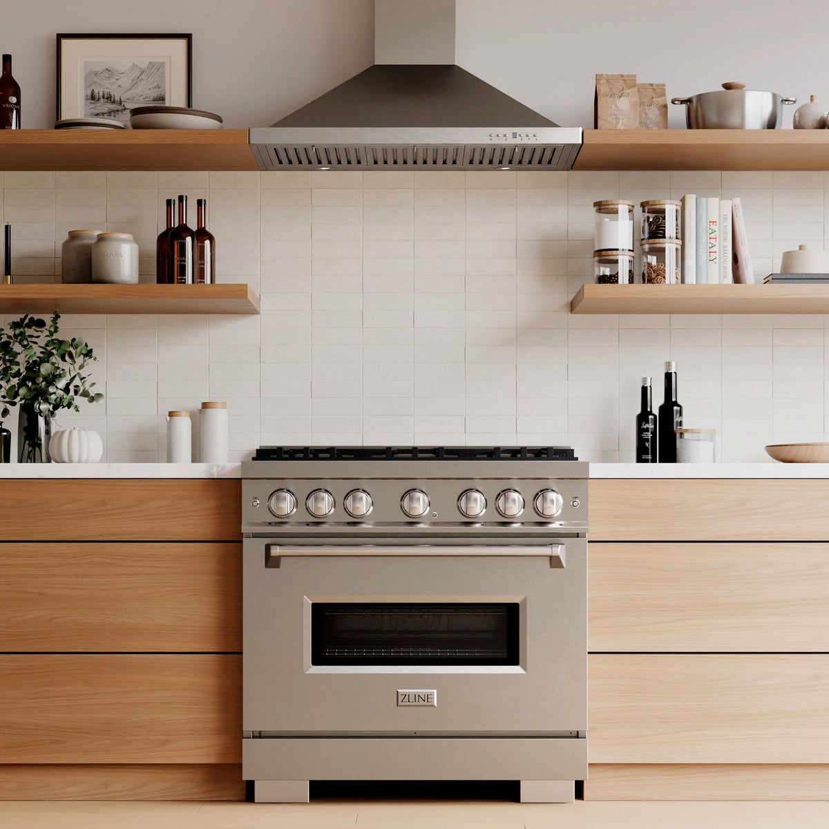 Stainless steel gas range with six burners and glass oven door
