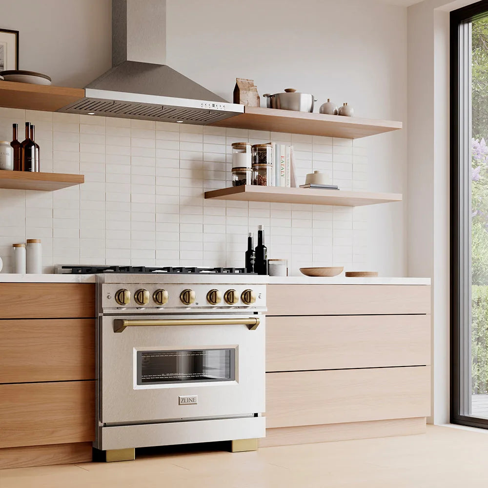 ZLINE Autograph 36-Inch 5.2 Cu. Ft. Classic Dual Fuel Range with 6 Burner DuoPro™ Cooktop and Oven in Satin Stainless and Champagne in a kitchen
