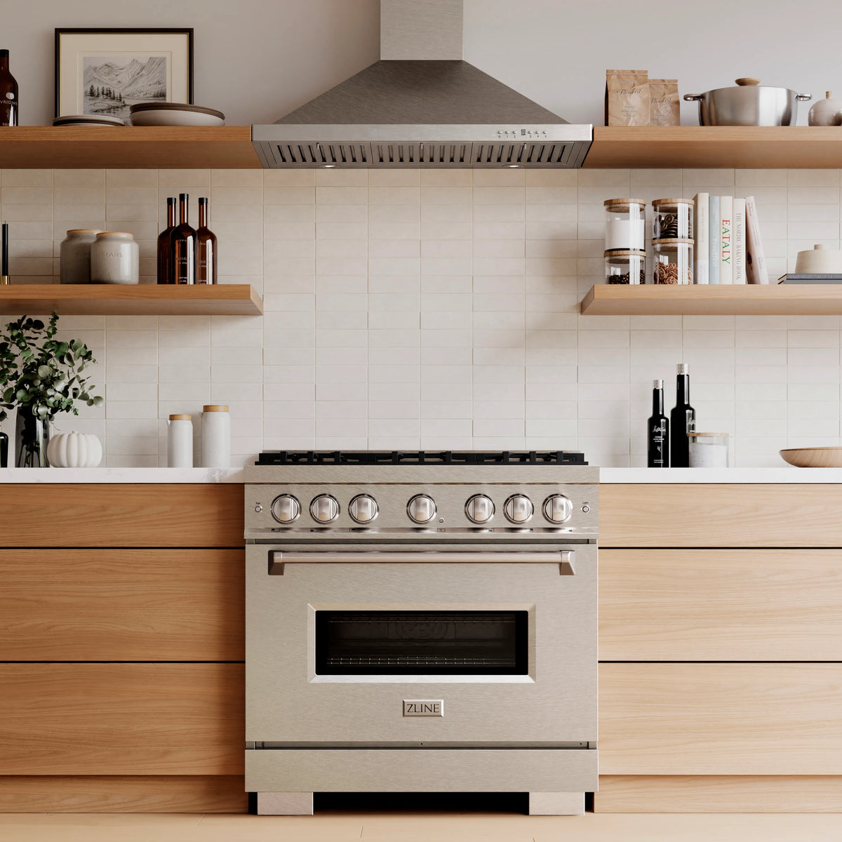 ZLINE 36-Inch Classic Series Dual Fuel Range with 6 Gas Burner Cooktop and 5.2 Cu. Ft. Electric Convection Oven in Satin Stainless Steel in a kitchen