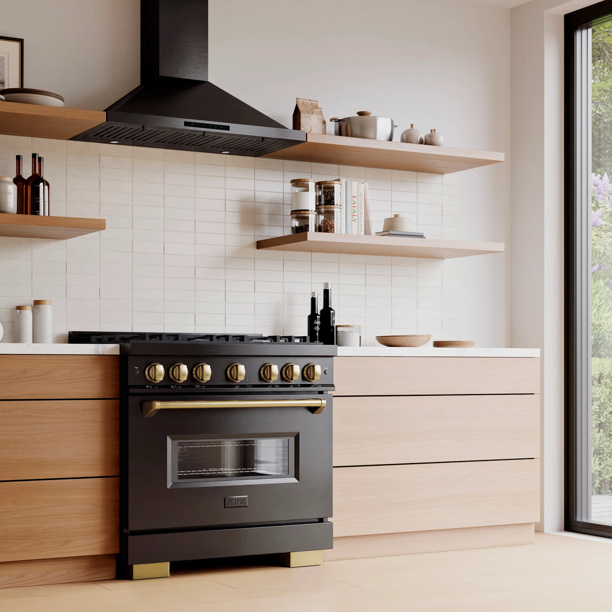 ZLINE Autograph 36-Inch Classic Gas Range with 6 DuoPro™ Burners and Gas Oven in Black Stainless Steel and Bronze Accents in a kitchen