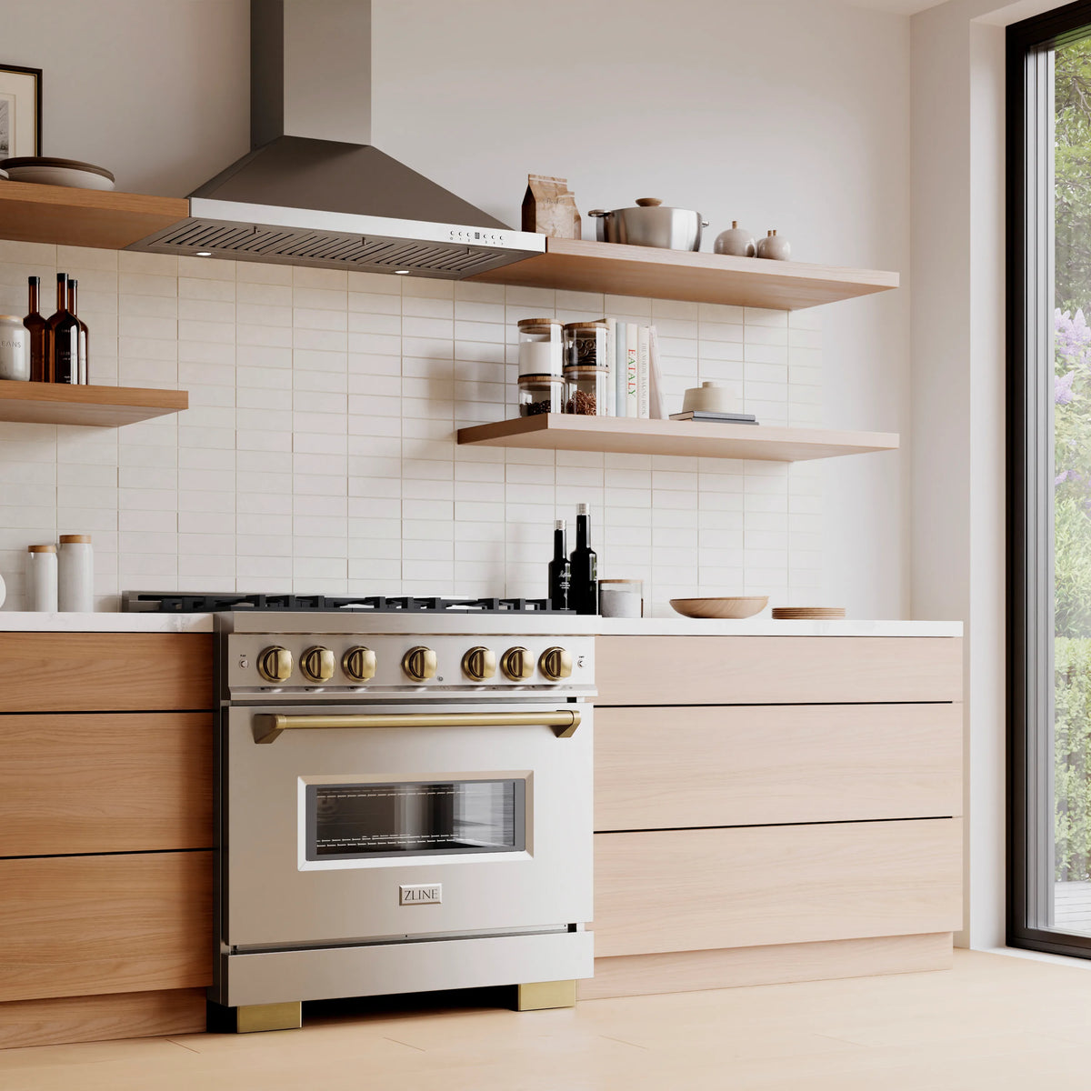 ZLINE Autograph 36-Inch Classic Gas Range with 6 Burner DuoPro™ Cooktop and Gas Oven in Stainless Steel with Bronze Accents in a kitchen