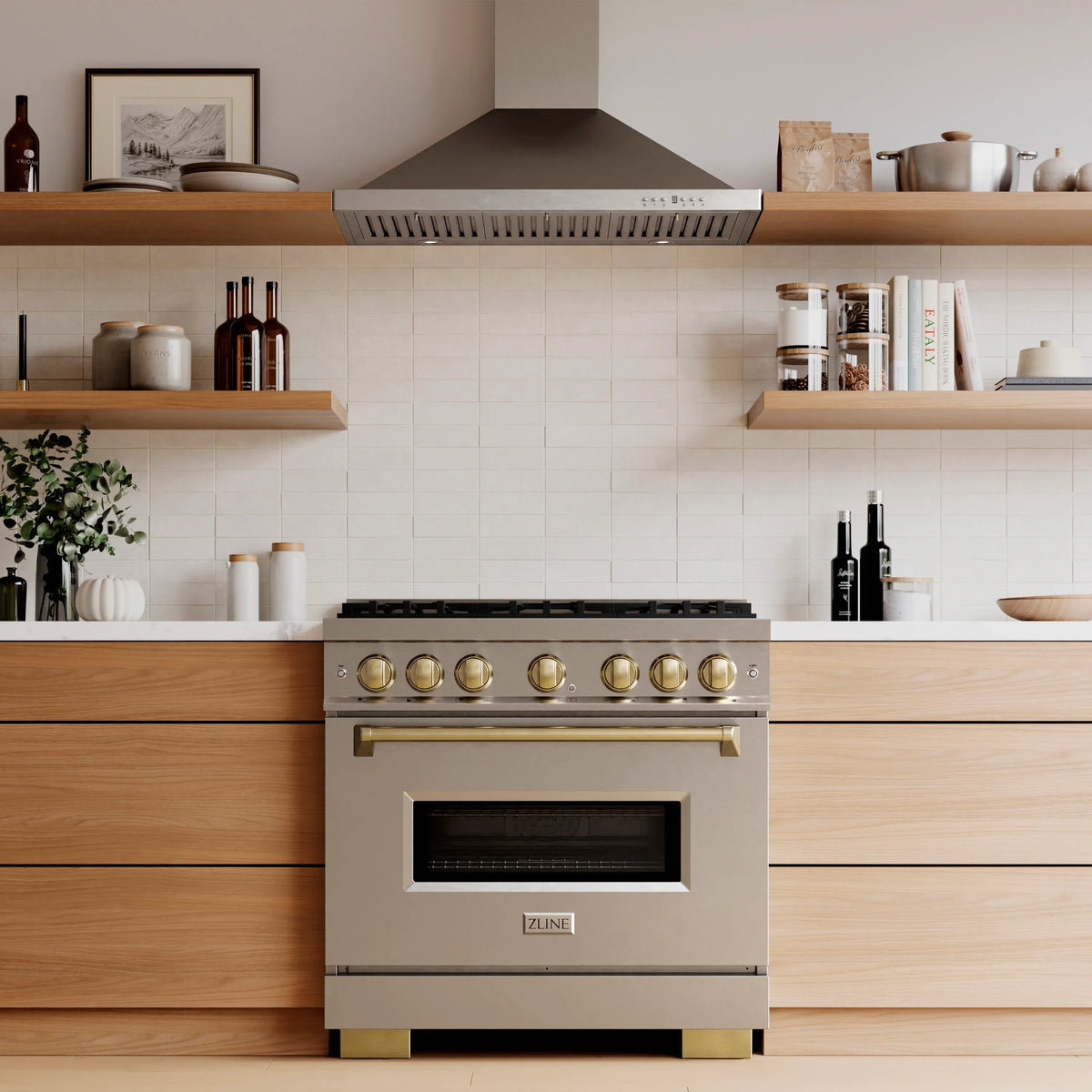 ZLINE Autograph Edition 36-Inch Classic Series Dual Fuel Range with 6 Gas Burner Cooktop and 5.2 Cu. Ft. Electric Convection Oven in Stainless Steel with Champagne Bronze Accents (CDRZ-36-CB)