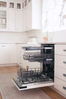 Built-in dishwasher with open door showing mid and bottom racks