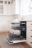 Built-in tall tub dishwasher with open door and two wire racks