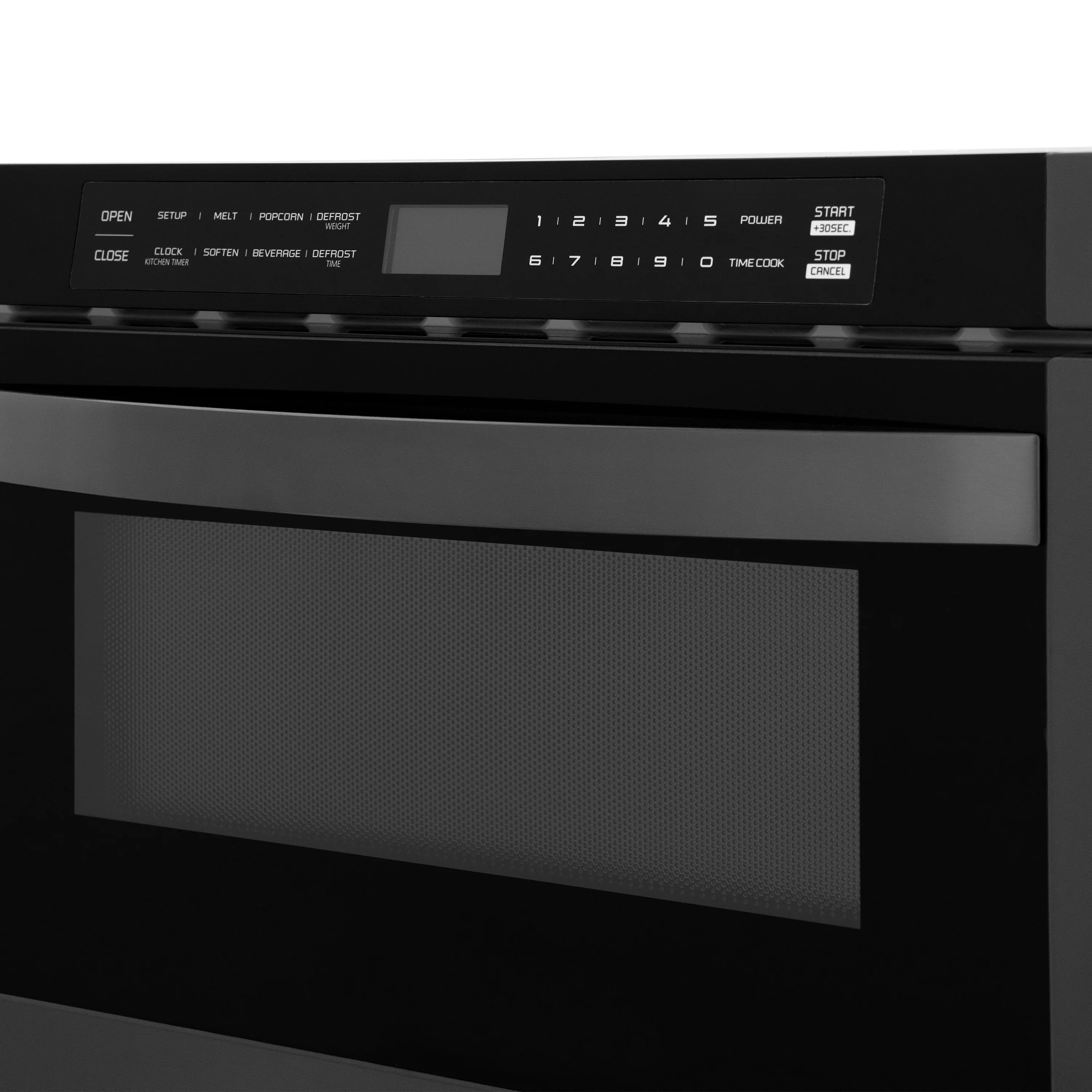 Black range oven control panel with digital display and touch buttons