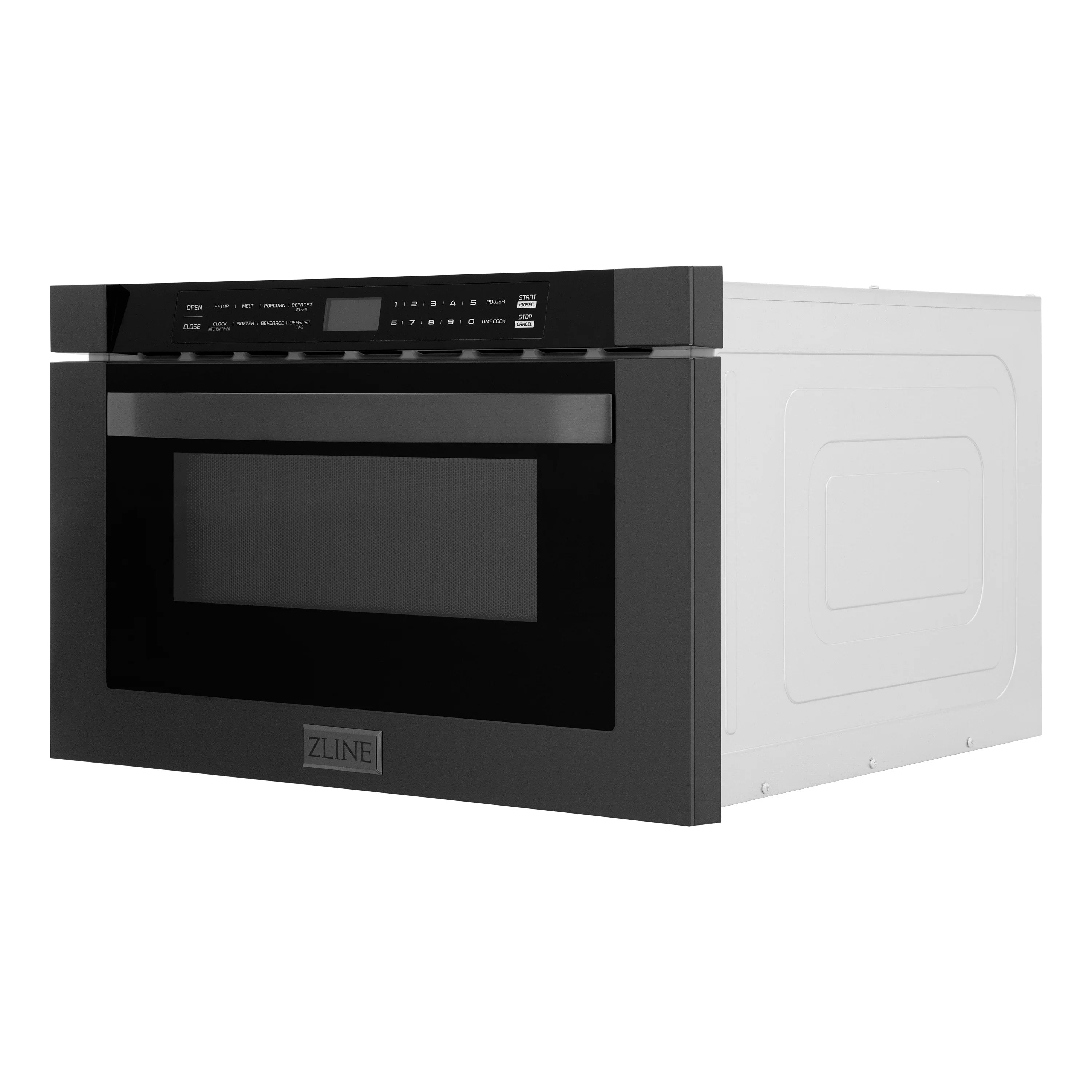 Black microwave drawer with control panel and recessed door window