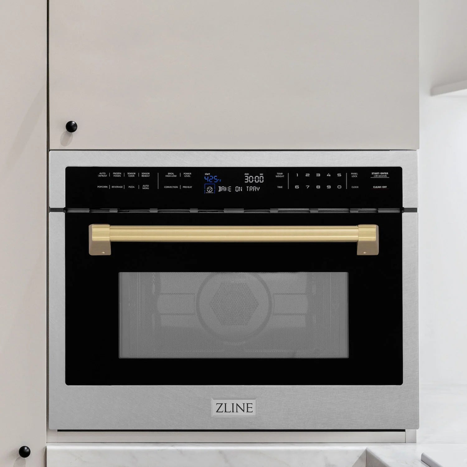 ZLINE 24-inch built-in microwave oven with satin stainless steel frame and bronze handle