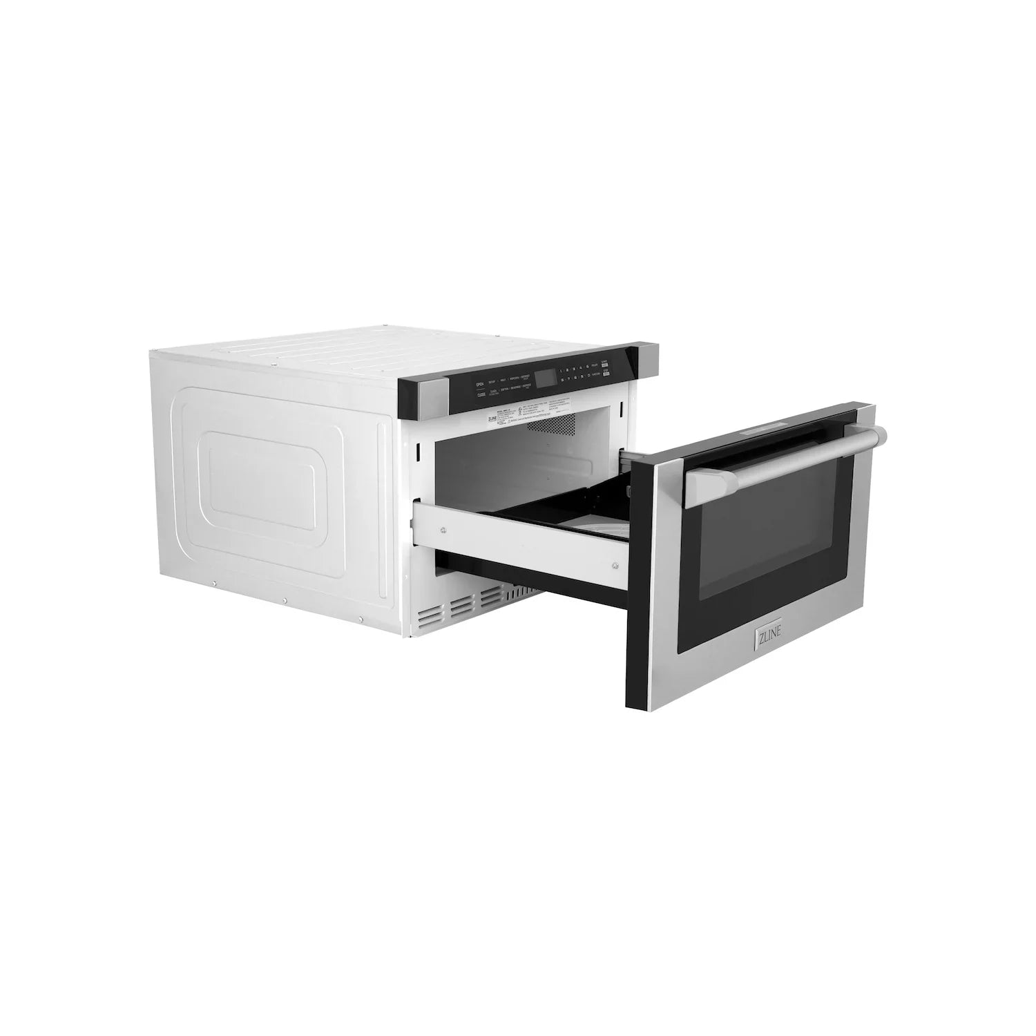 Open microwave drawer with black interior cavity and horizontal handle