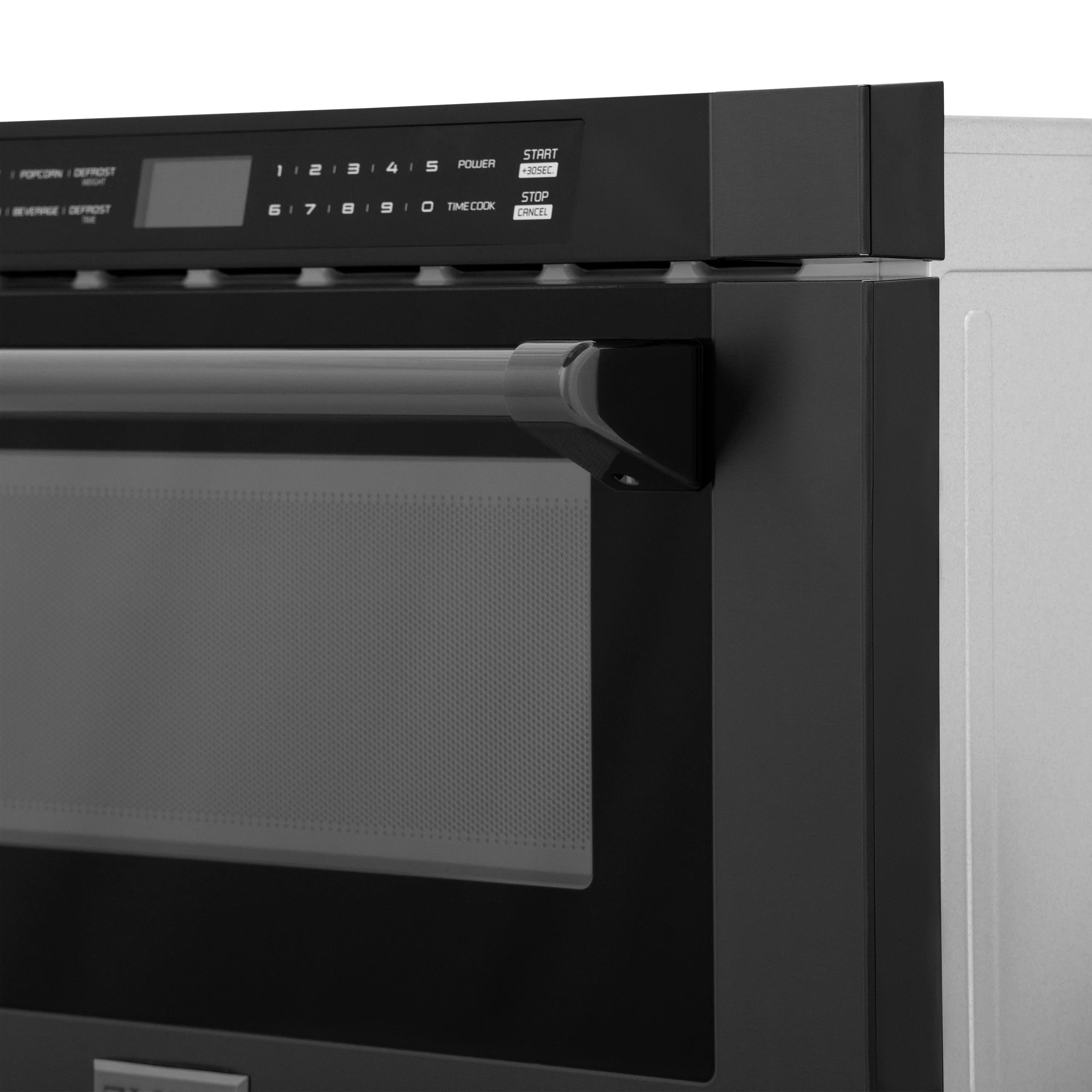 Close-up of black stainless steel microwave drawer control panel and handle