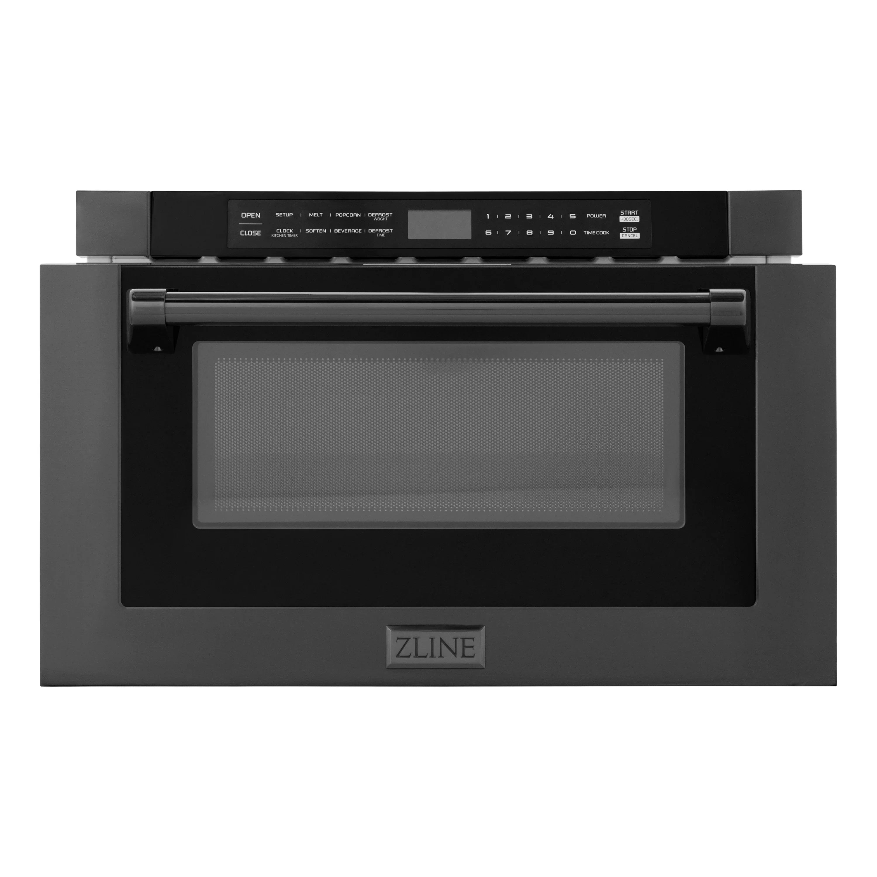 Black stainless steel built-in oven front with dark glass door and handle